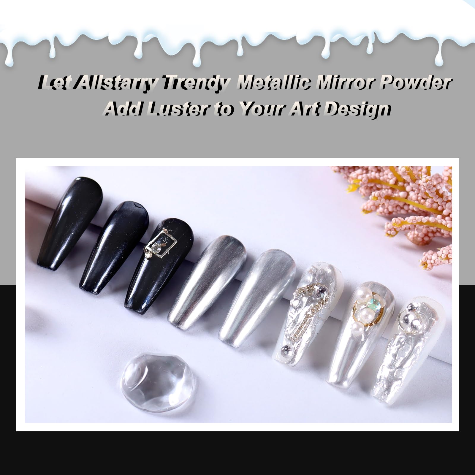 Allstarry Chrome Nail Powder 2Pcs Black Silver Metallic Mirror Effect Dust Glitter Glazed Manicure Decoration Reflective Pigment