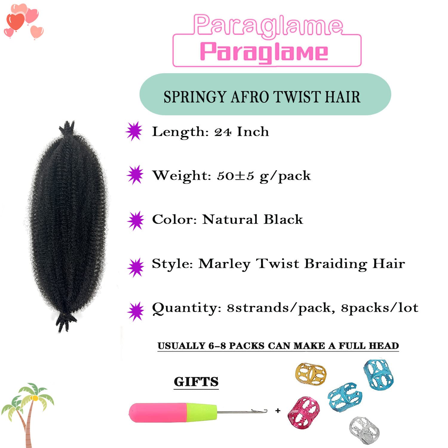 Marley Hair 24 Inch Springy Afro Twist Hair 8 Packs Afro Kinky Braiding Hair, Wrapping Hair for Soft Locs Synthetic Crochet Brai