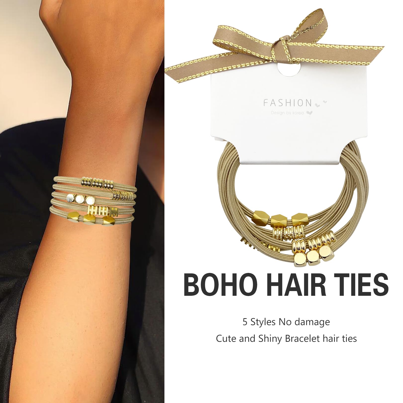 Boho Beaded Hair Accessories - Cute Decorative Bracelet Ponytail Holders With Gold Jewelry For Women And Girls, No Damage Hair B