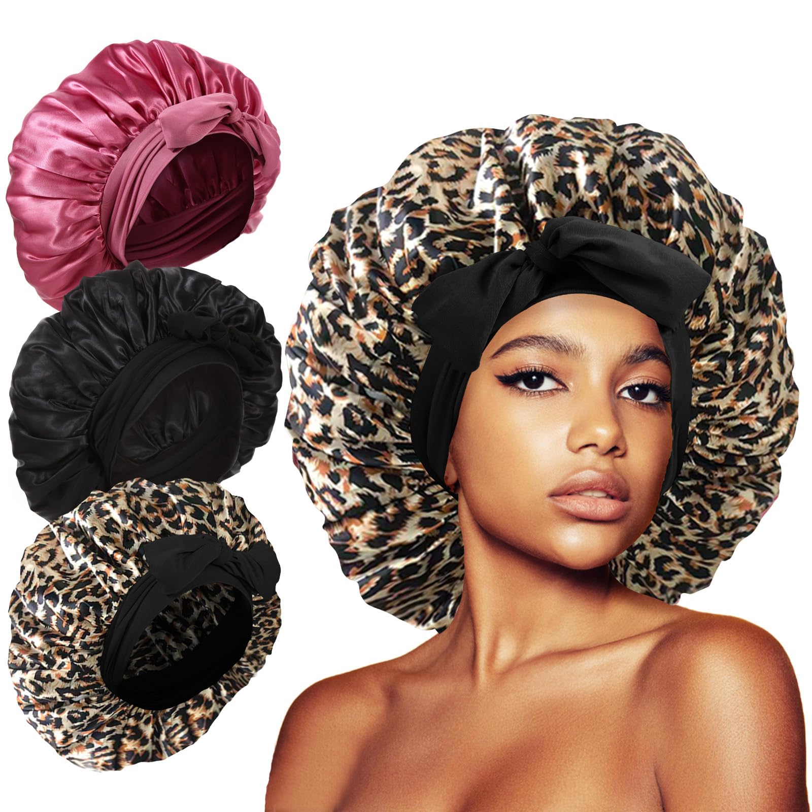 3Pcs Silk Bonnet For Sleeping, Satin Bonnet For Sleeping Extra Large Bonnet Hair Bonnets For Sleeping Black Curly Hair Women Jum