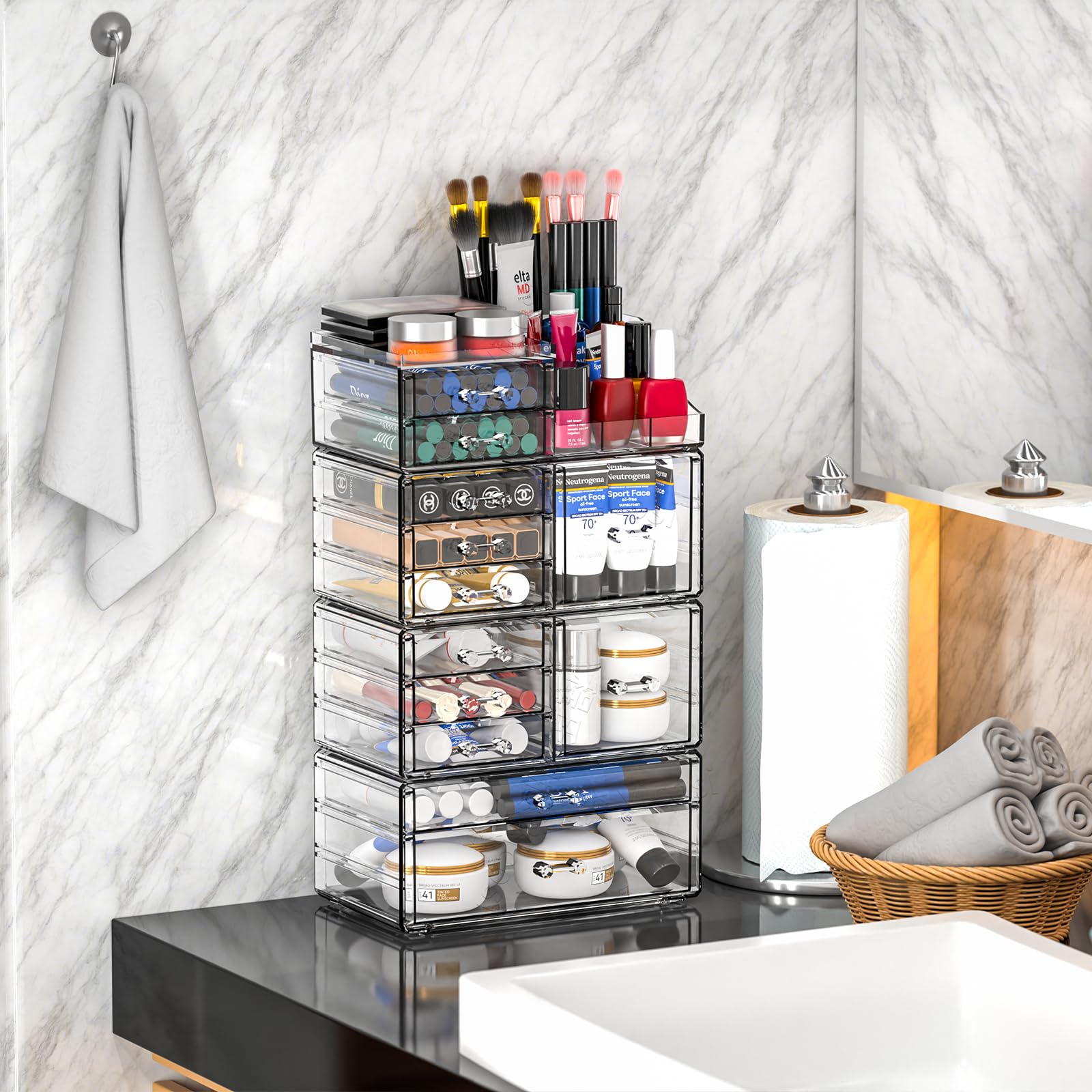 Cq acrylic 4 Pack Clear Makeup Organizer for Counter,12 Drawers Stackable Skincare Organizer,Large Cosmetic Storage Organizer fo