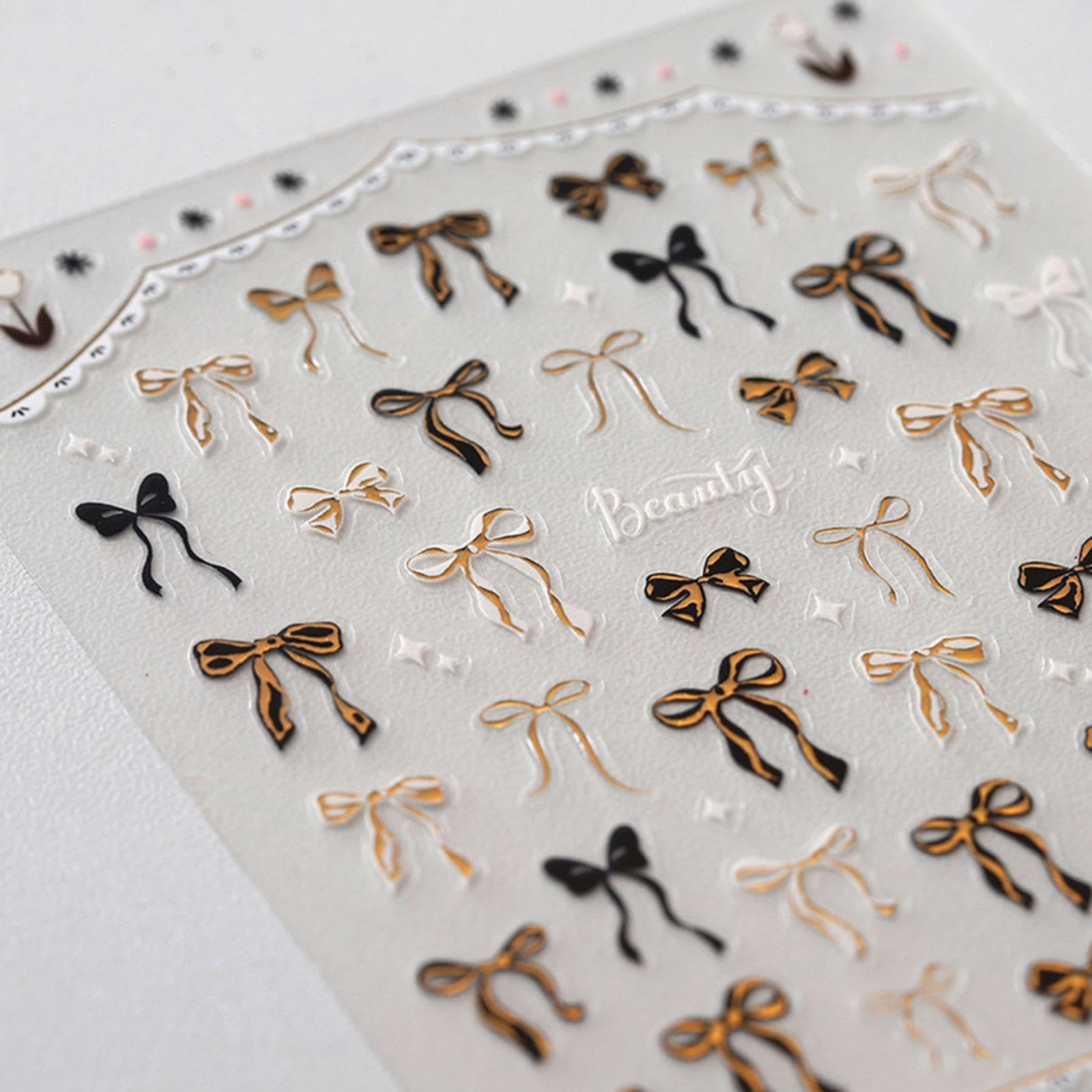 Gold Black Bow Nail Art Stickers Valentines Stickers 5D Embossed Bowknot Nail Stickers Cute Self-Adhesive Silver Ribbon Decals F