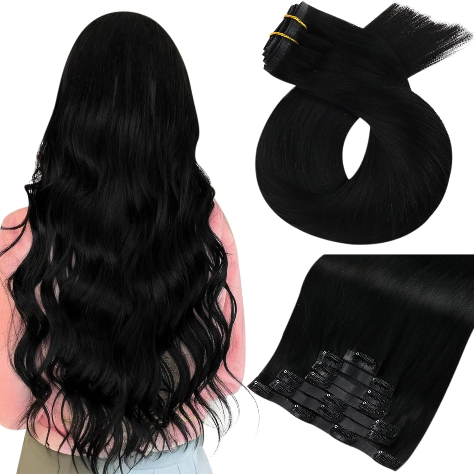 Moresoo Clip In Hair Extensions Seamless Black Human Hair Clip In Extensions Seamless Hair Extensions Clip In Human Hair Jet Bla