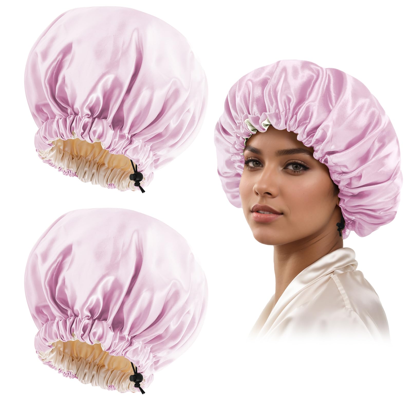 Satin Bonnet Silk Bonnet for Curly Hair Bonnet Braid Bonnet for Sleeping Bonnets for Women Large Double-Layer Adjustable(2Pcs Pi