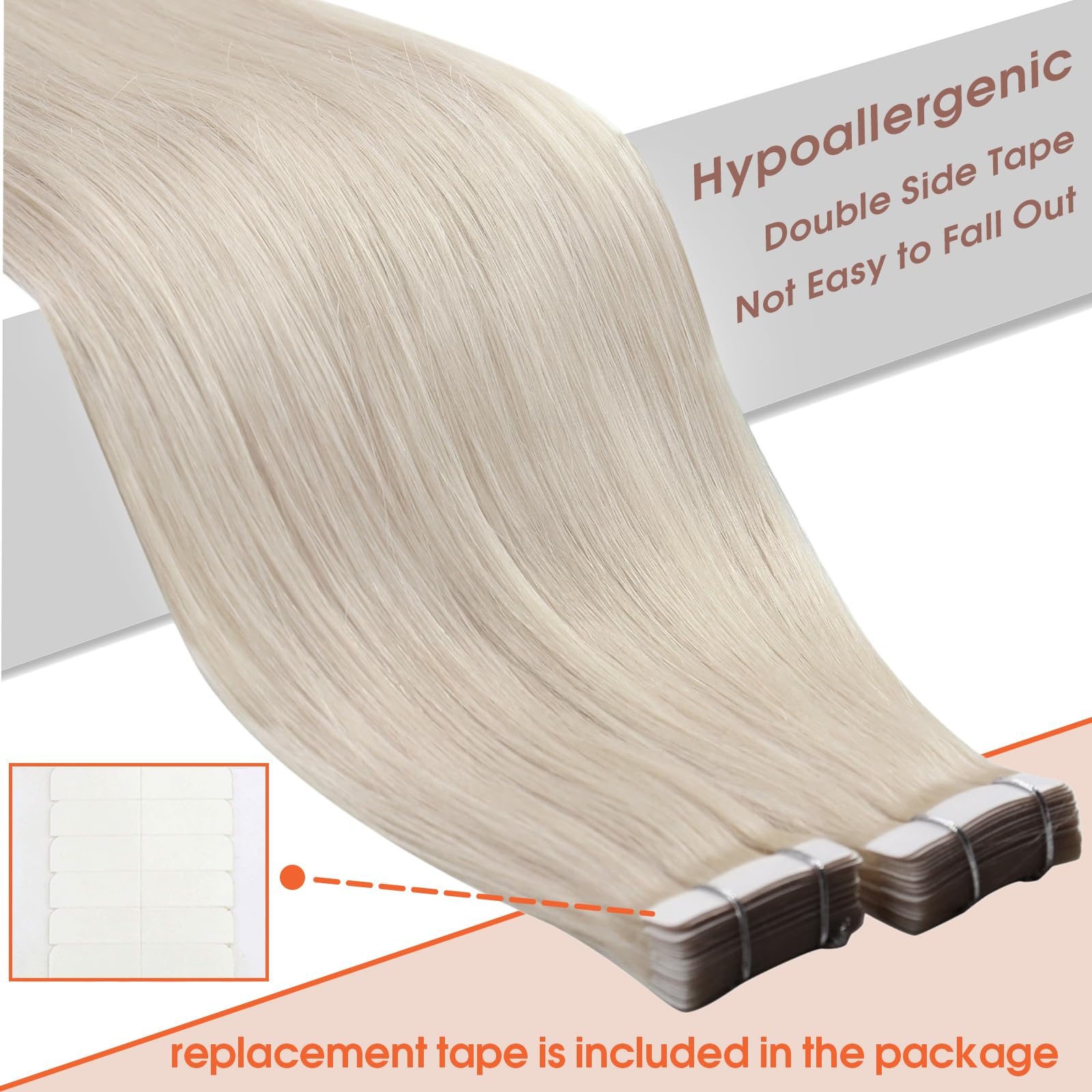 Sunny Hair Tape in Hair Extensions Real Human Hair Invisible Remy Hair Extensions Tape ins for Women White Blonde 22 inch 25G