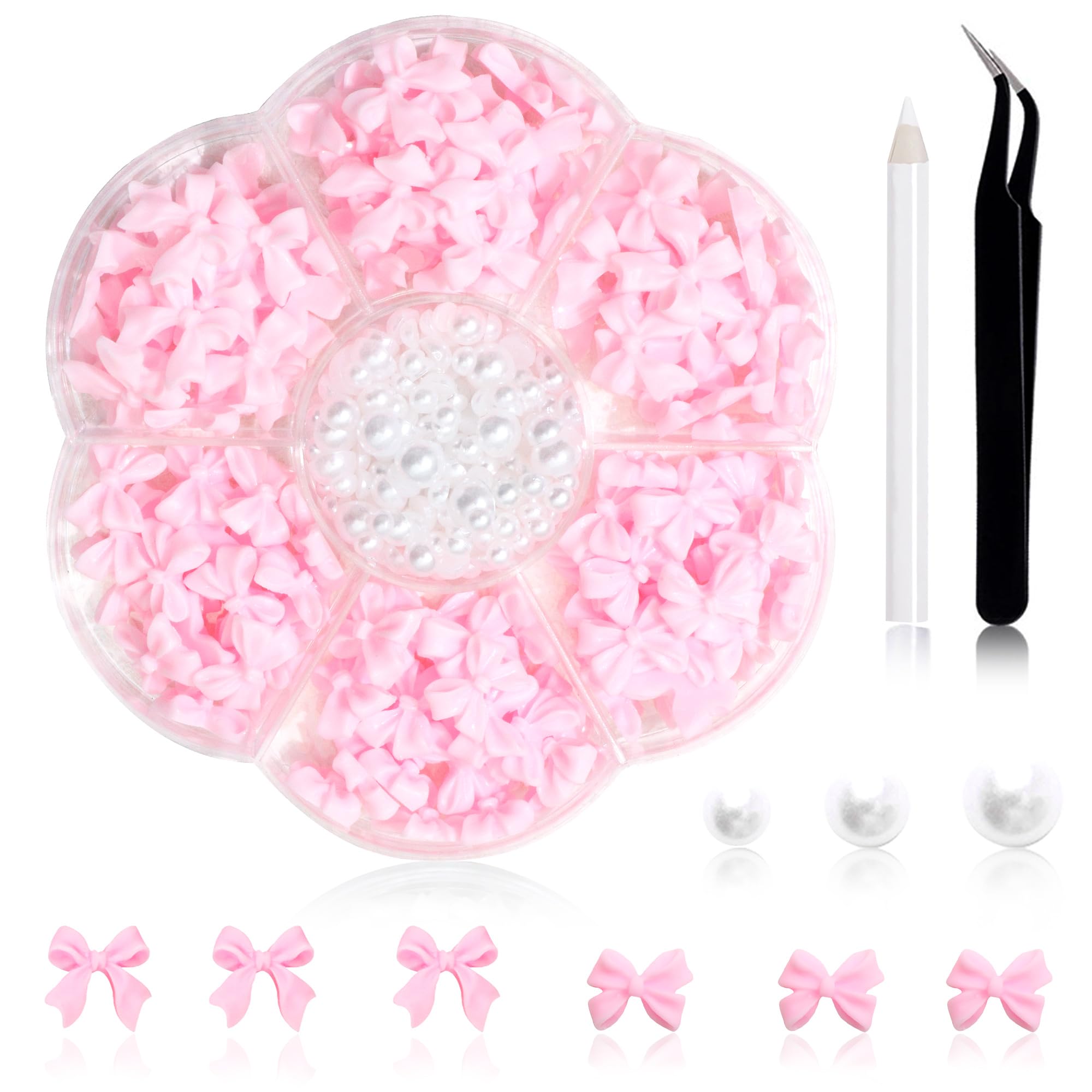 300Pcs Bow Nail Charms and Flatback Pearls,Pink Bowknot 3D Cute Nail Charms for Acrylic Nail Supplies Design,3-5mm White Half Pe