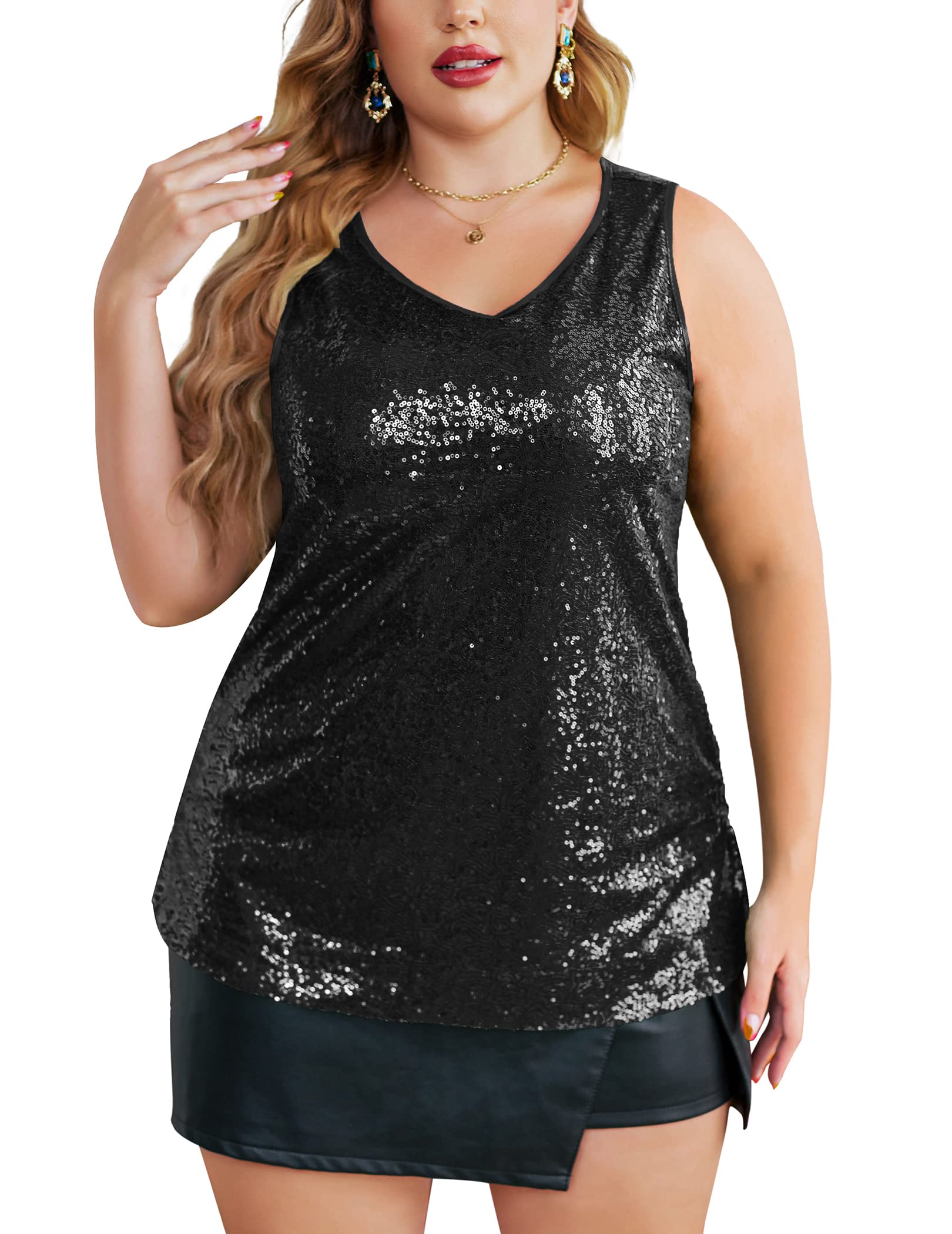 INVOLAND Womens Sequin Tops Plus Size glitter Tank Top Sleeveless Sparkle Shimmer Shirt Tops camisole Vest Black
