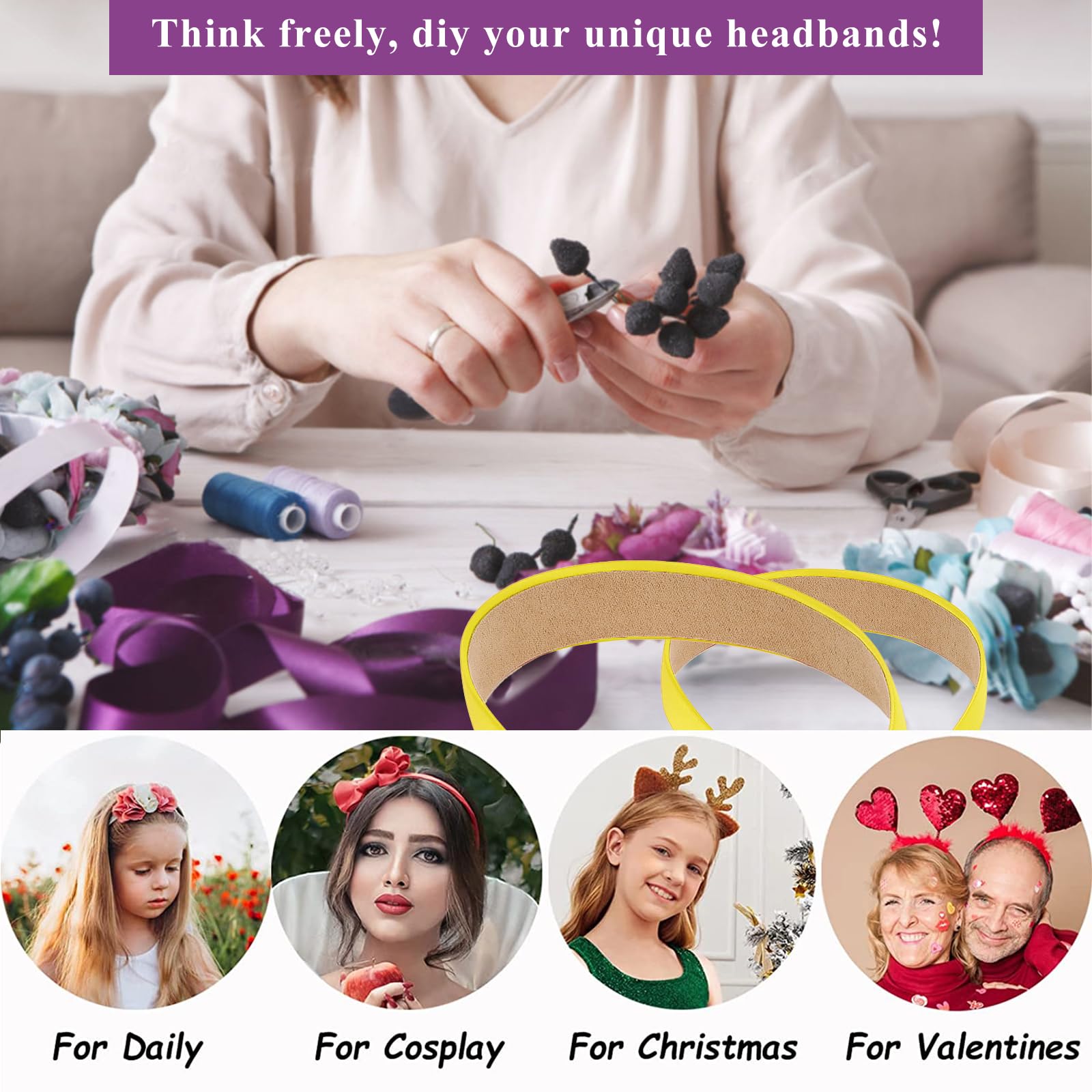 Wecoe Yellow Headband 1.2 Inch Wide Silk Satin Headband Women Non Slip Fashion Plain Head Band Solid Hair Band DIY Holiday Hair