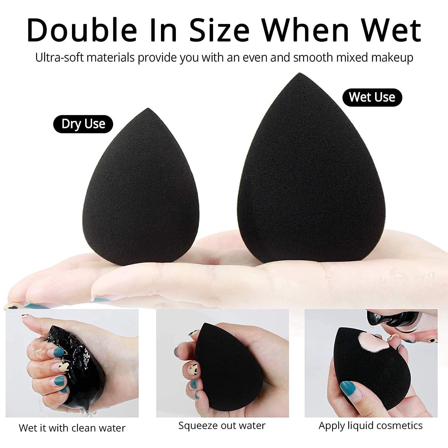 BEAKEY Makeup Sponge Set - 5 Pcs Blending Sponges, Latex Free, Vegan, Black, Model FM-0359