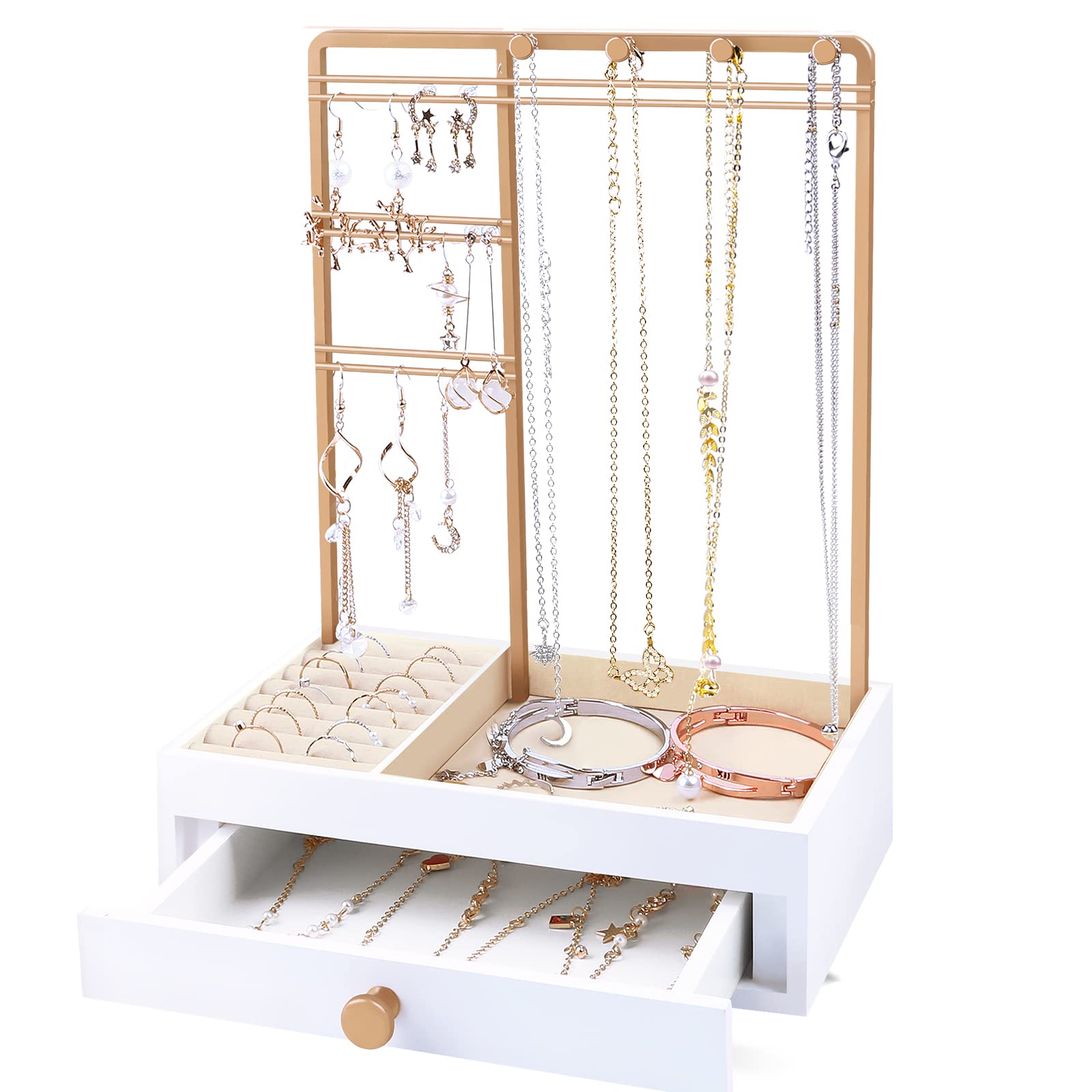 Teamkio Jewelry Stand Tree with Large White Storage Box, Tabletop Jewelry Organizer Display Tree for Necklace, Rings, Bracelets,