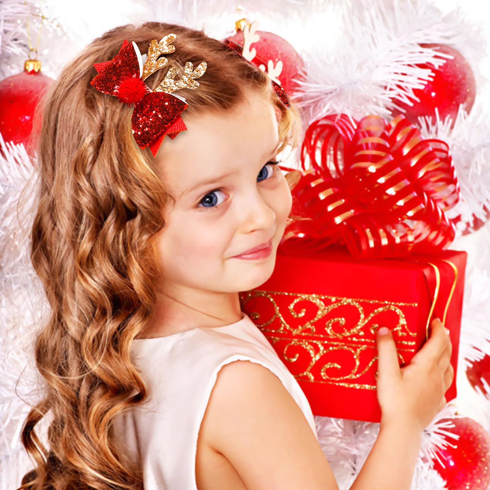4 Pcs Christmas Hair Clips Xmas Bow Hair Accessories Cute Reindeer Antlers Ears Glitter Sequins Hair Barrettes Holiday Headdress