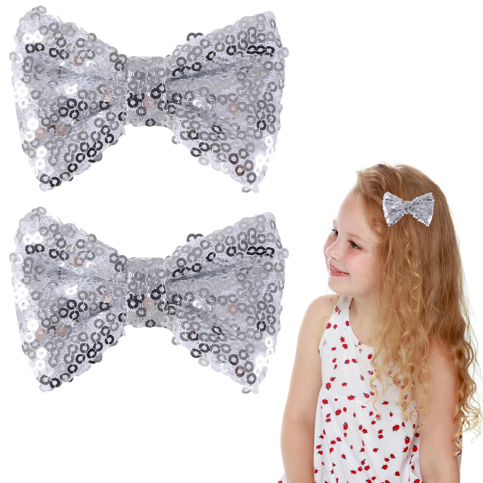 3'' Silver Sparkly Glitter Sequin Hair Bows Clips for Toddler Girls Valentines Christmas Birthday Gift Party Dress Outfit Decor 