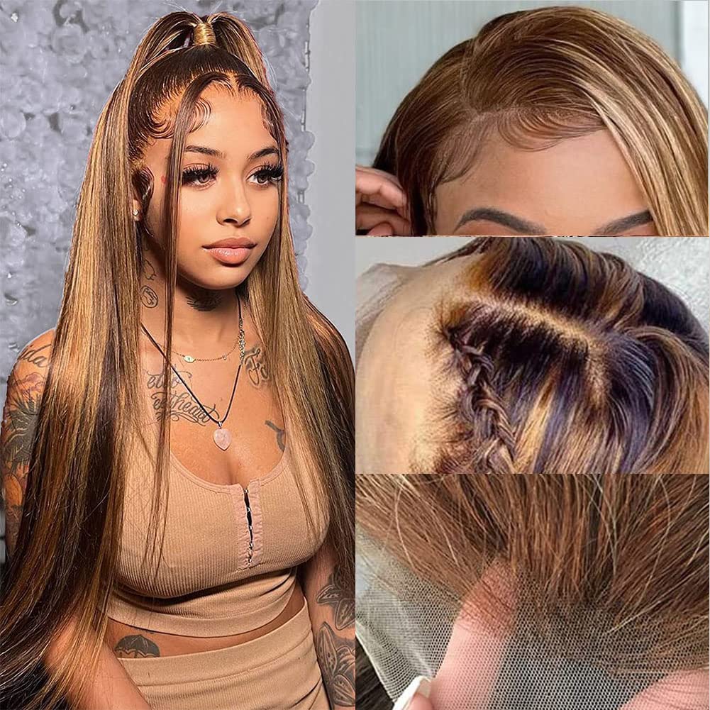 Flady 28 inch Ombre Highlight Lace Front Wig Human Hair Pre Plucked HD Lace Frontal Wig 4/27 Glueless Straight Wigs Human Hair S