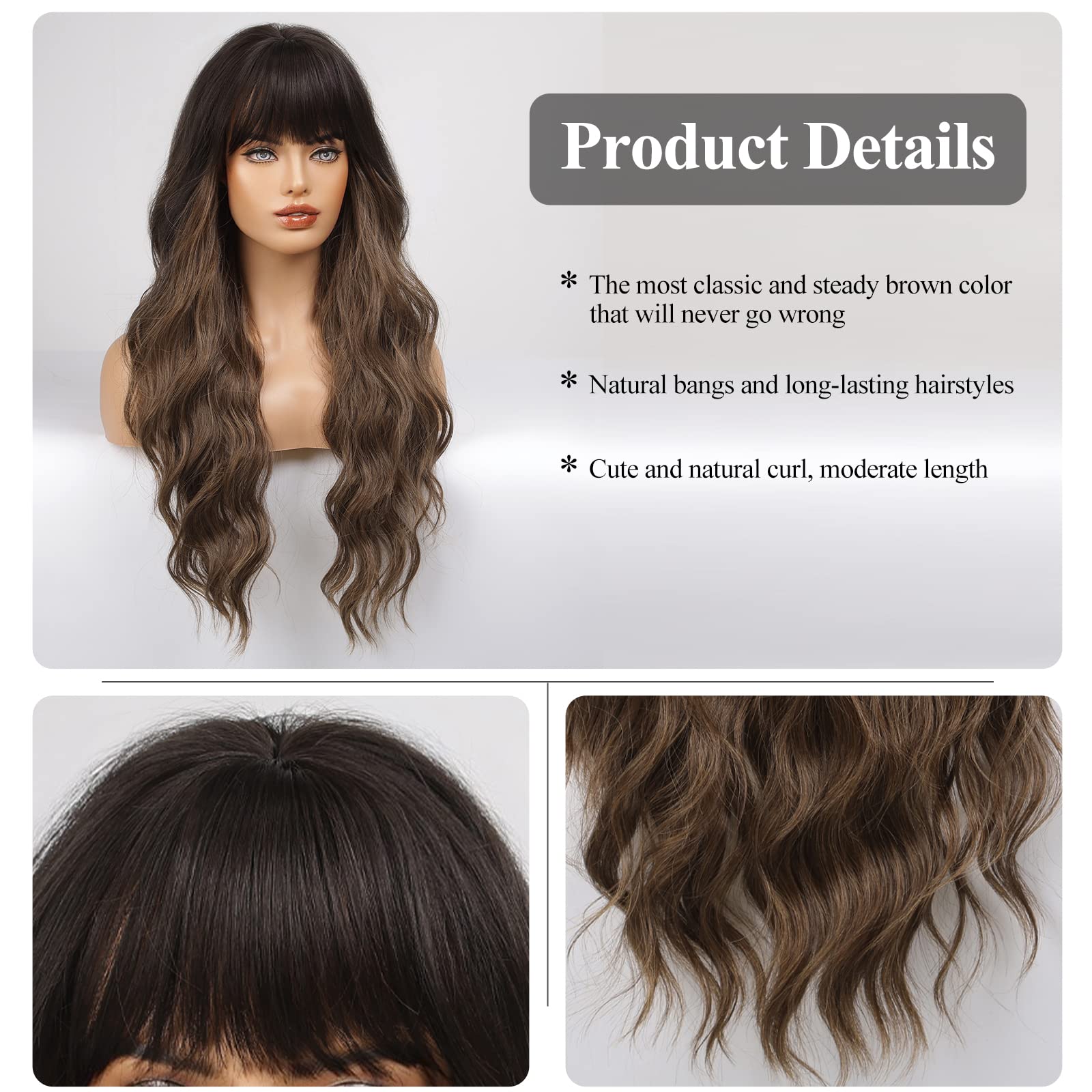 Haircube Ombre Brown Wig Long Curly Wig With Bangs Natural Appearance Heat-Resistant Synthetic Wig Suitable For Fashionable Wome
