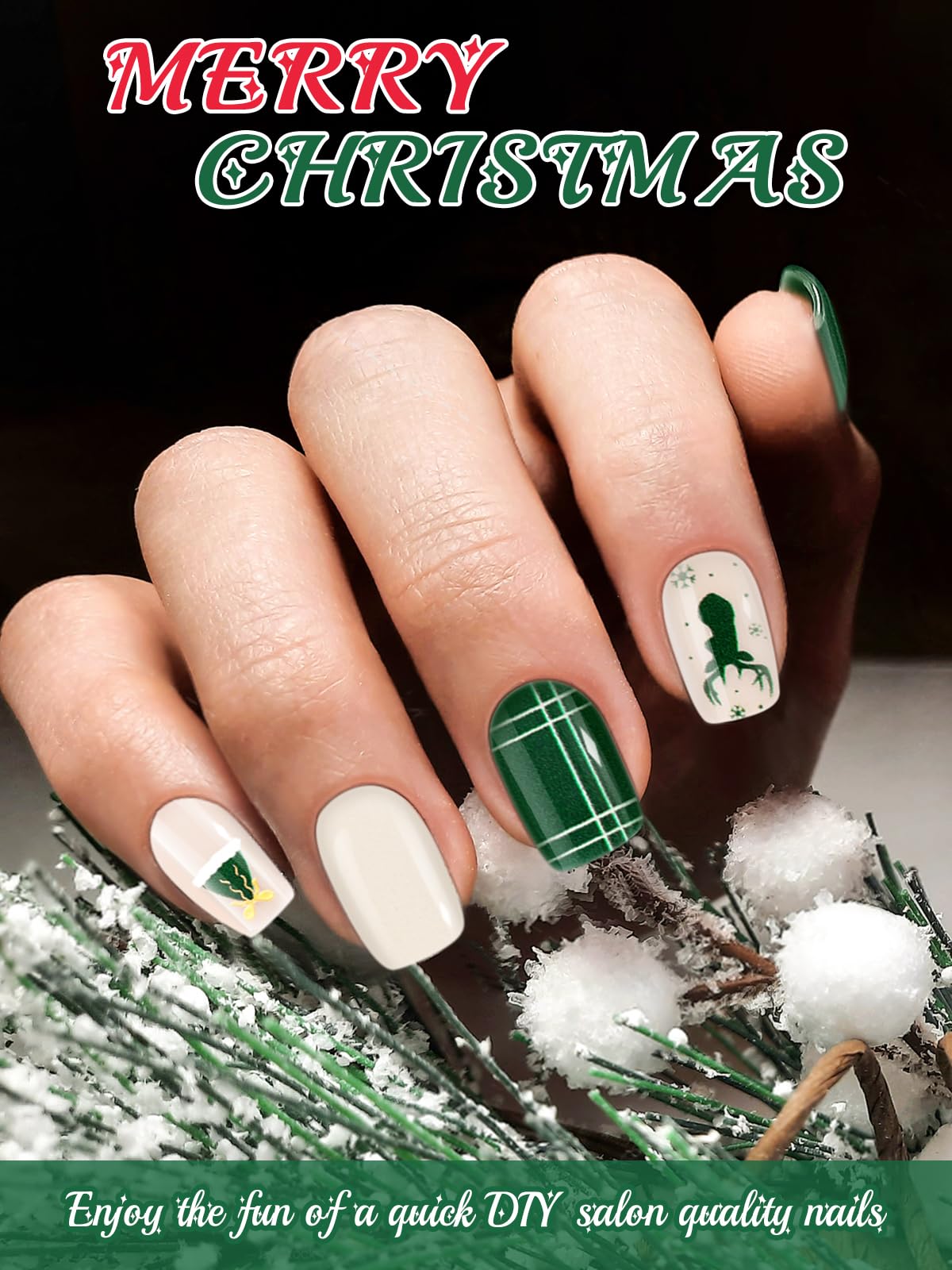 Ebanku 24Pcs Christmas Semi-Cured Gel Nail Strips, Deer Horn Self-Adhesive Gel Nail Art Sticker, Waterproof Gel Nail Wrap Sticke