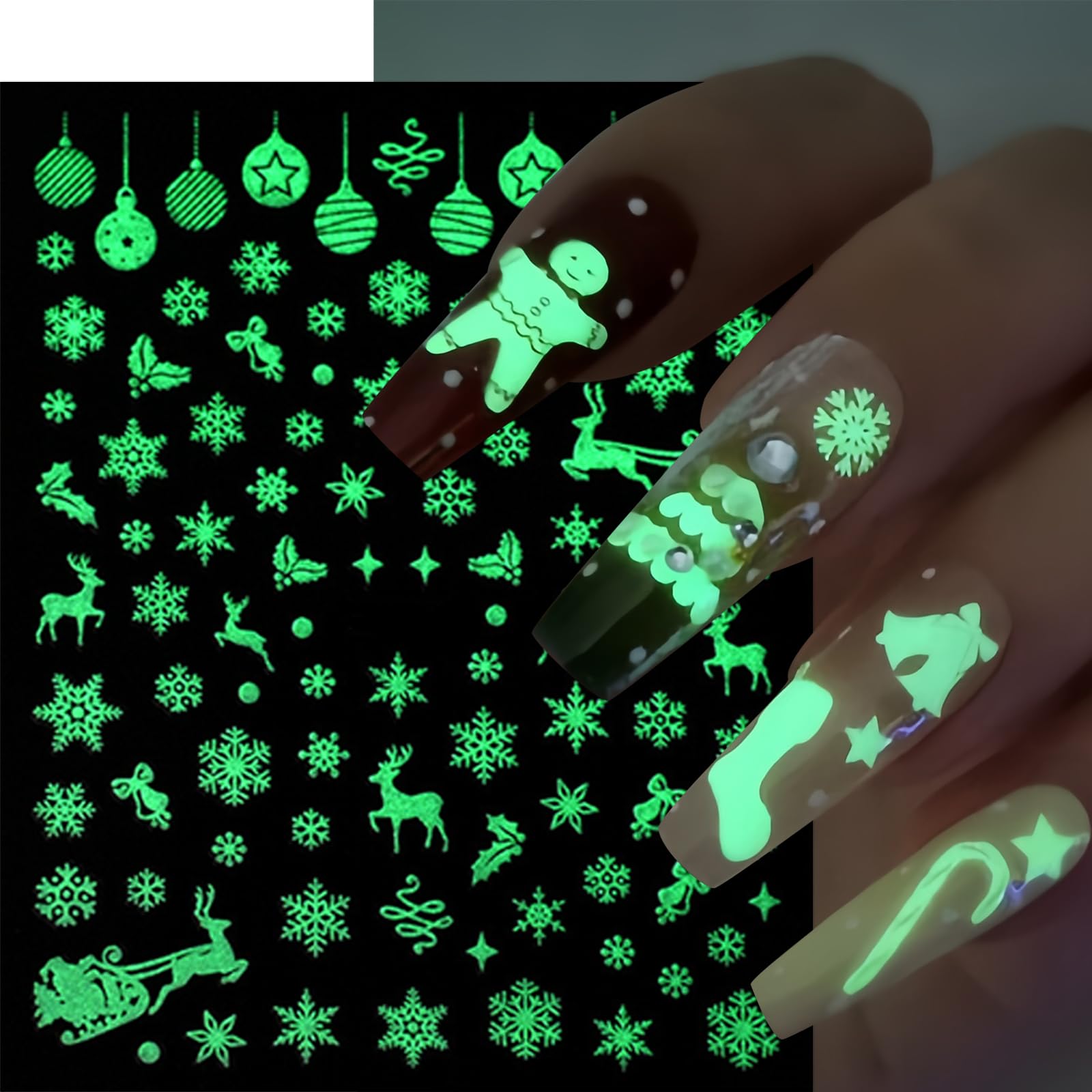 Christmas Grow In The Dark Snowflake Nail Stickers 3D Self-Adhesive Snowman Santa Elk Nail Decals Luminous Christmas Tree Snowba