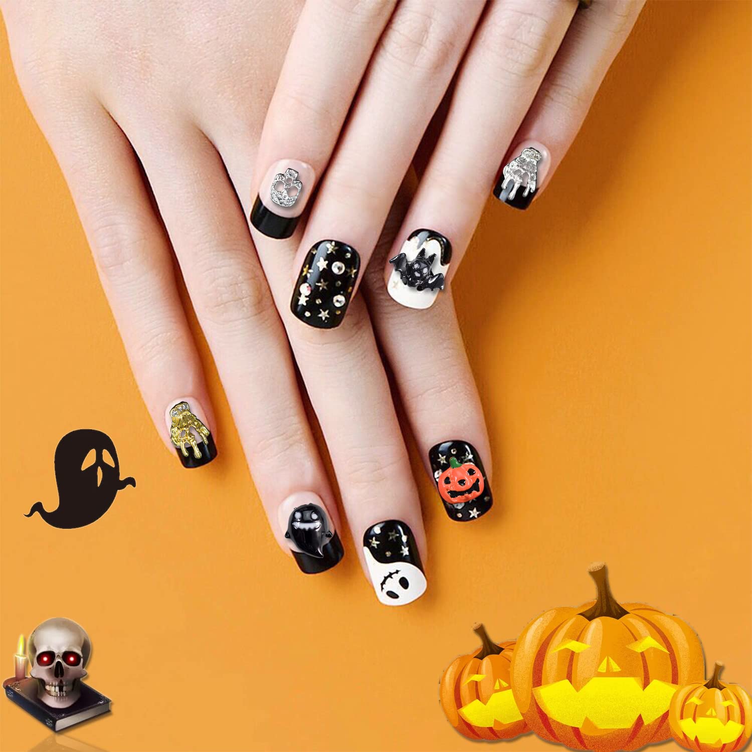 Wokoto 30Pcs Halloween Nail 3D Charms For Women Nails Metal Nail Charms For Acrylic Nails Bat Pumpkin Skull Hand Ghost Halloween