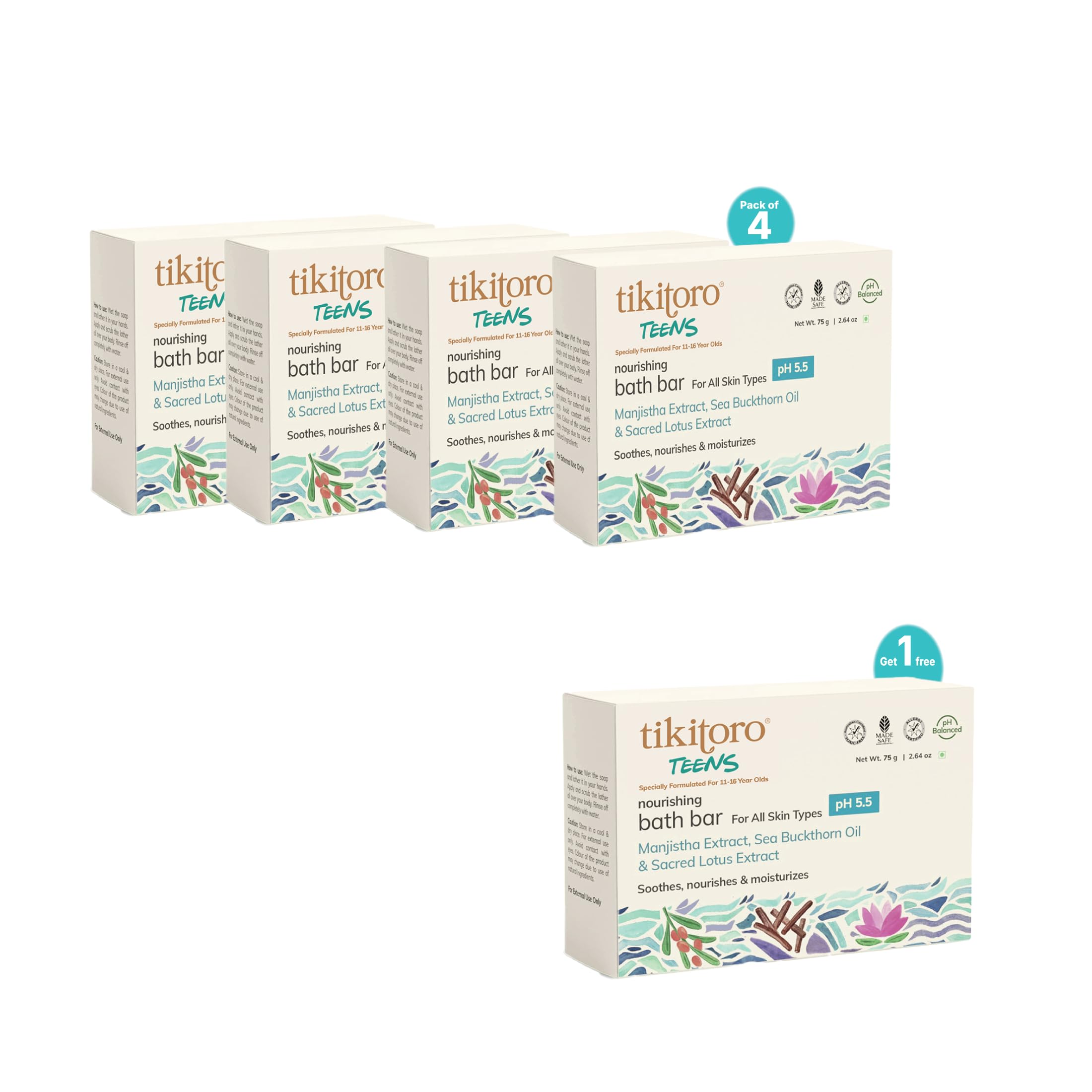 Tikitoro Teens Nourishing Bath Bar Value Pack (4 Plus 1 X 75G) | Manijstha, Sea Buckthorn Oil And Sacred Lotus Extract, Soothes,