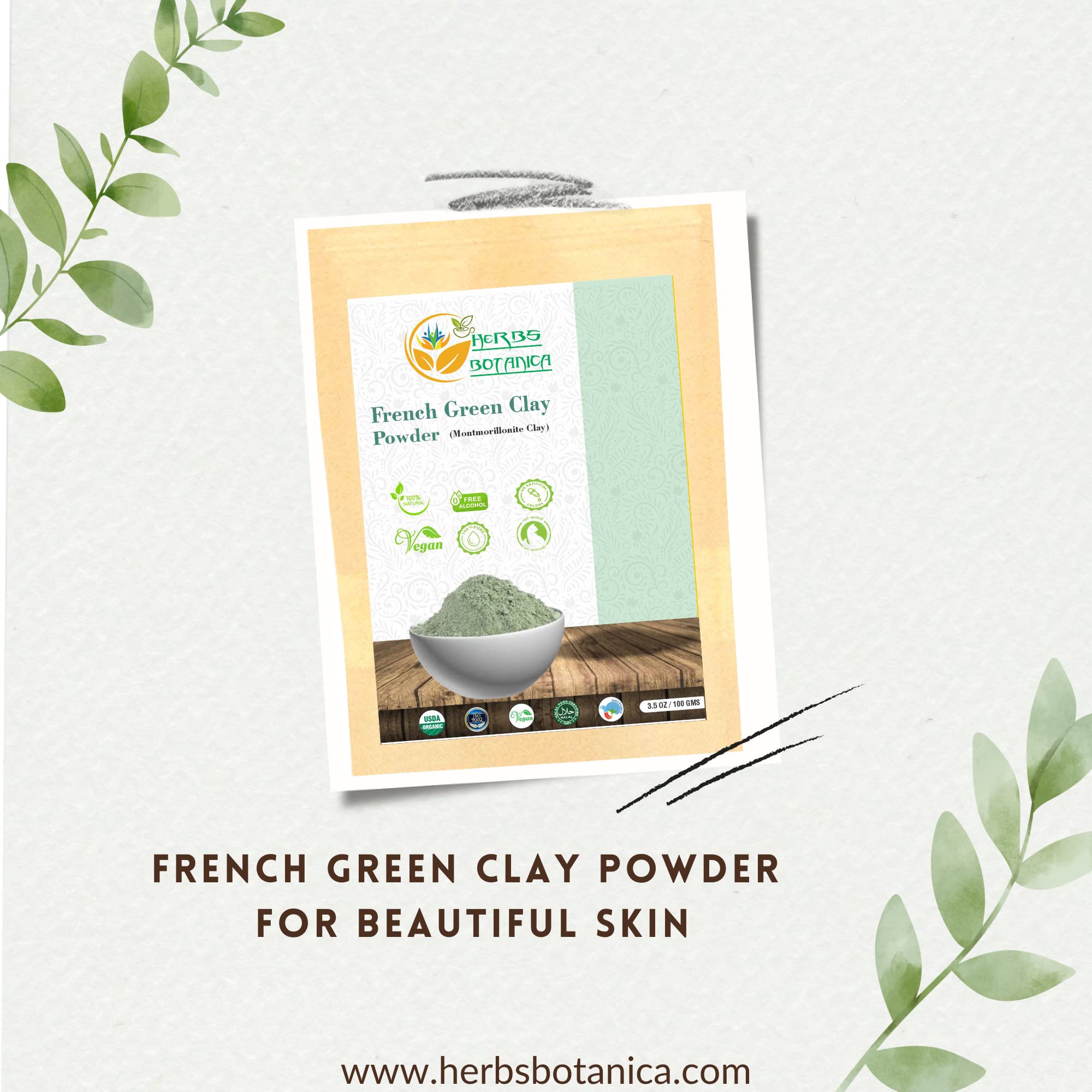 Herbs Botanica French Green Clay Powder 100% Pure & Natural Montmorillonite Clay For Face Masks, Skincare, And Diy Beauty Finely