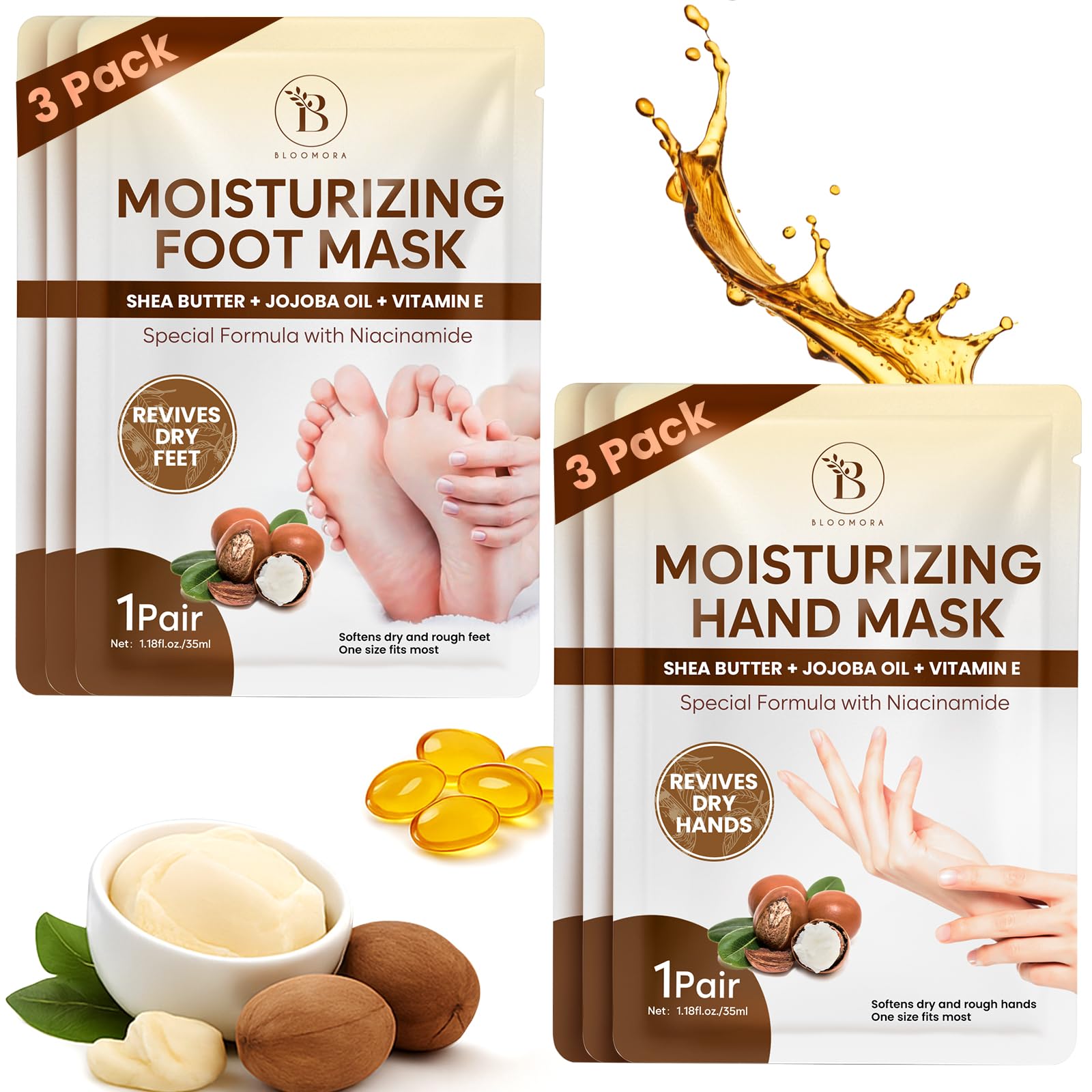 BLOOMORA Moisturizing Hand & Foot Mask Set with Shea Butter, Jojoba Oil & Vitamin E, Foot Mask for Dry Cracked Feet & Hand Moist