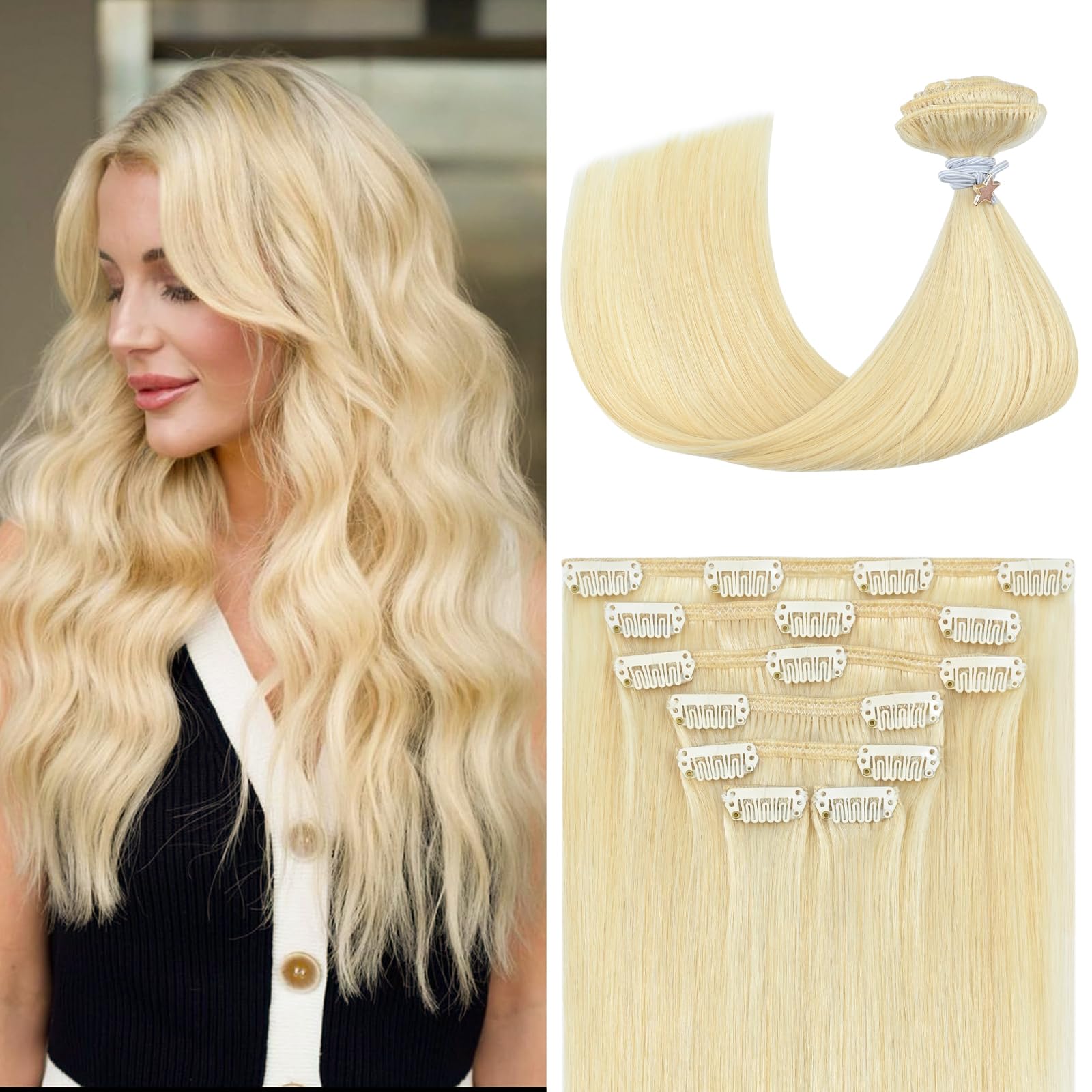Platinum Blonde Clip in Hair Extensions Real Human Hair 70G 100% Remy Human Hair Soft Silky Straight for Fashion Women 7pcs 16cl