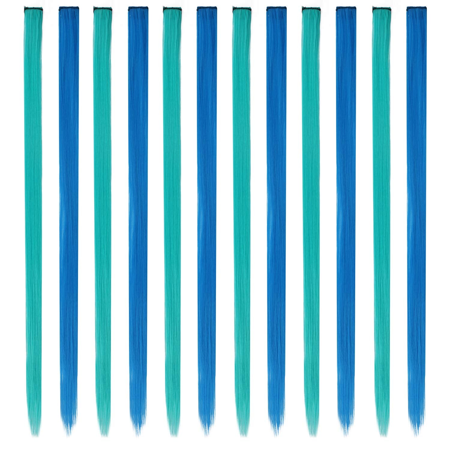 FESHFEN Colored Hair Extension, 12 PCS Teal Blue and Royal Blue Clip in Hair Extension Highlight Colorful Straight Synthetic Hai