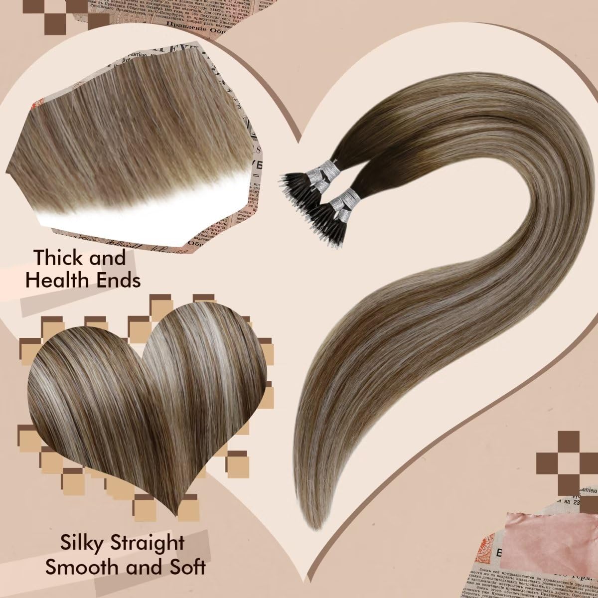 Hetto Nano Hair Extensions Human Hair Brown Nano Bead Hair Extensions Darker Brown To Light Brown With Medium Blonde Nano Link H