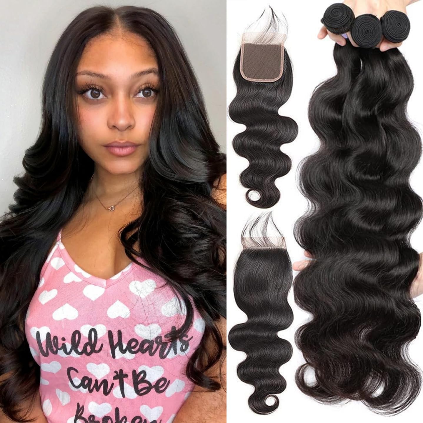 Releek Body Wave Bundles with Closure (18 18 18+16 Inch) Brazilian Human Hair 3 Bundles with 4x4 HD Lace Closure 100% Unprocesse