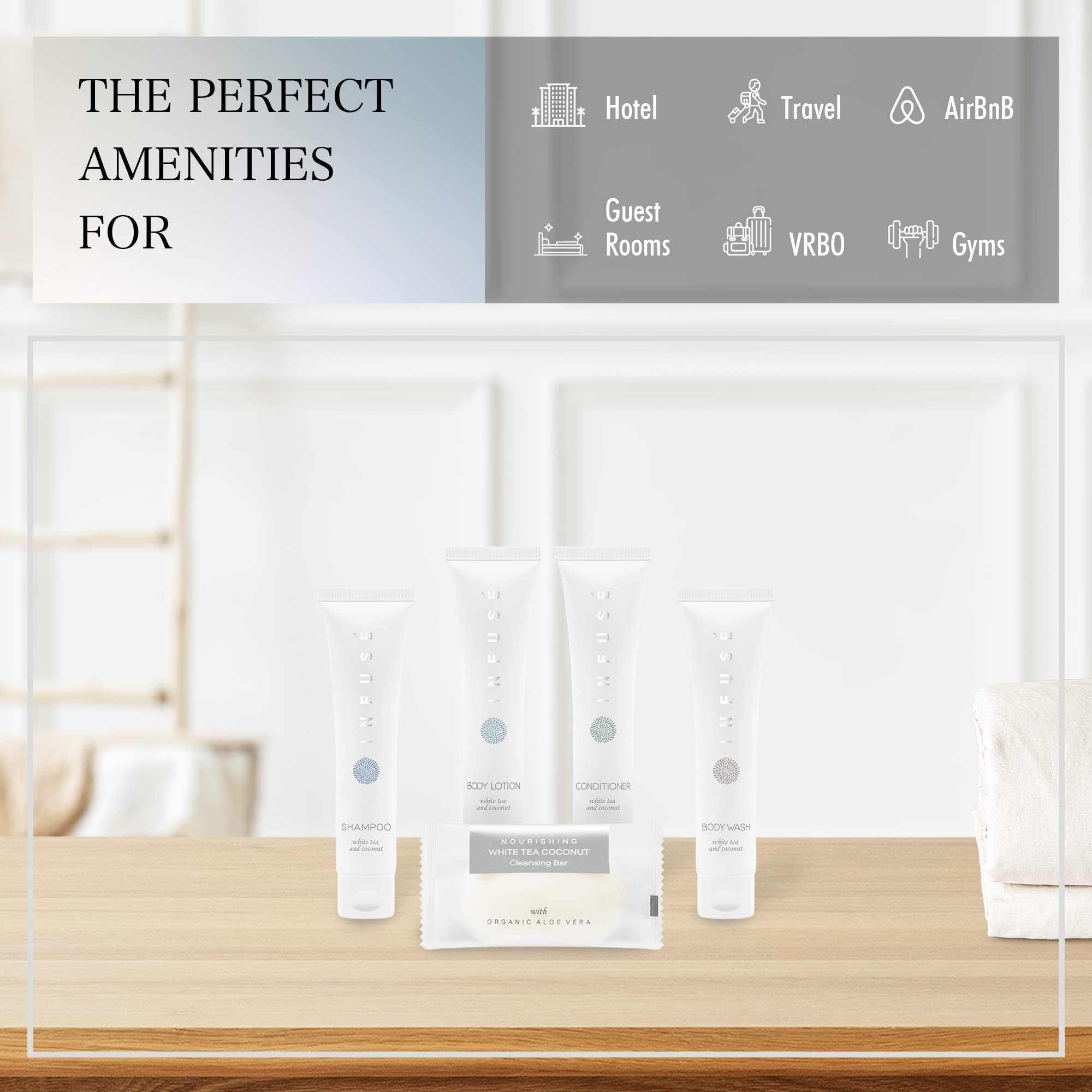 Infuse Pure White Tea And Coconut Hotel Soaps And Toiletries Bulk Set | 1-Shoppe All-In-Kit For Hotels | 1Oz Shampoo & Condition