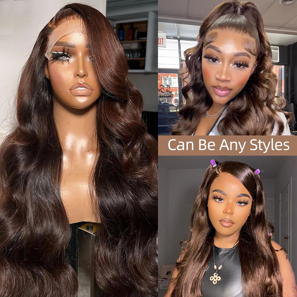 Avolo Chocolate Brown Lace Front Wig Human Hair 13X4 Body Wave Brown Lace Front Wigs Human Hair Pre Plucked 180 Density 4# Color