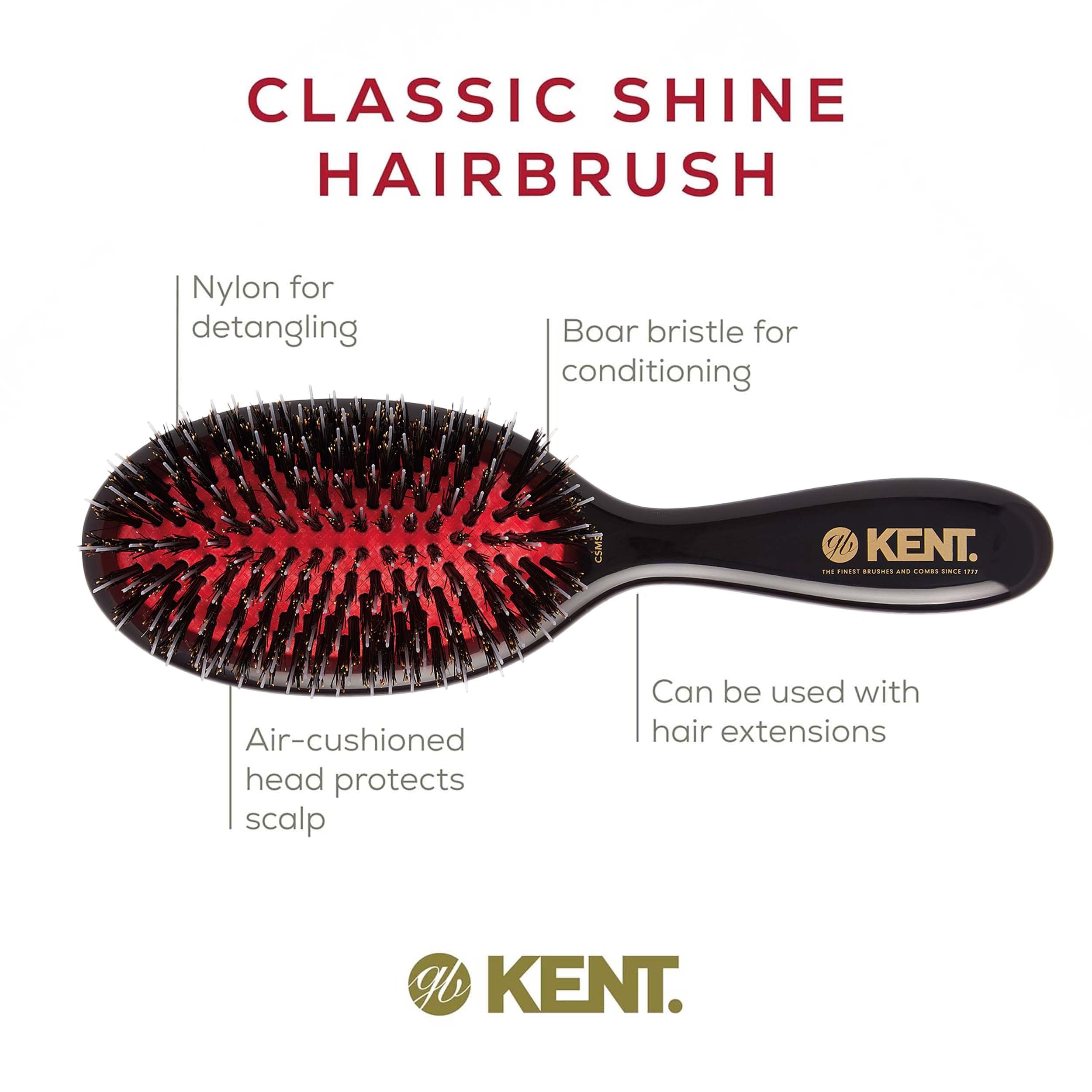Kent CSMS Classic Shine Small Oval Cushion Straightening Brush - Natural Black Boar Bristle Hair Brush with Nylon Quills - Shine