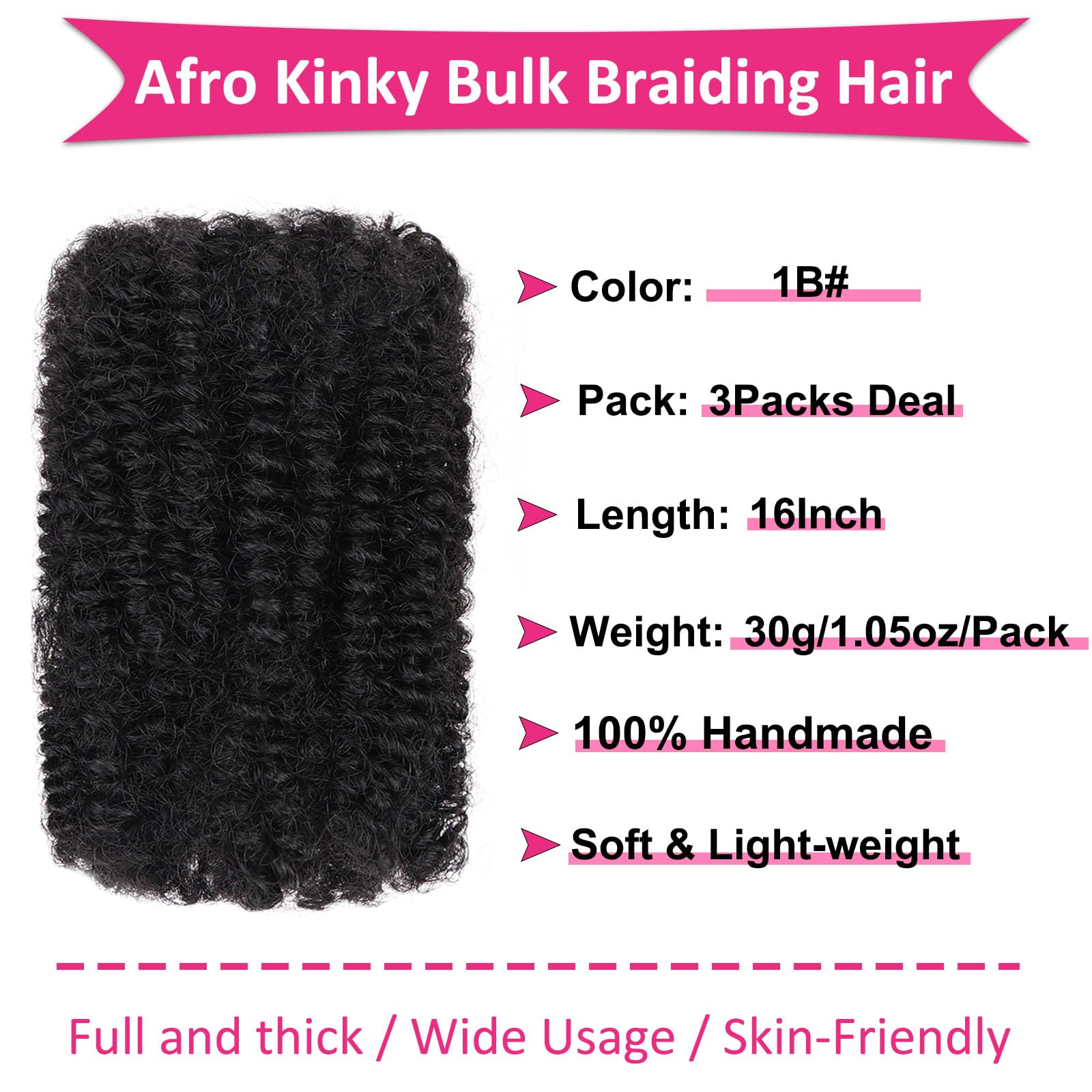 Unionbeauty 16 Inch 3 Packs Afro Kinkys Bulk Hair For Micro Twist Natural Black Synthetic Afro Kinky Curly Braiding Hair For Loc