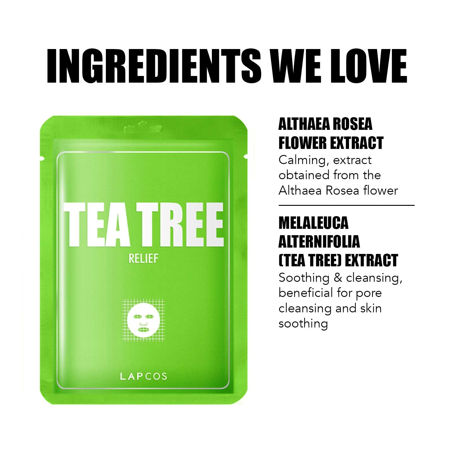 Lapcos Tea Tree Sheet Mask, Daily Soothing Face Mask, Treats Acne & Clears Pores, Korean Beauty Favorite, 5-Pack