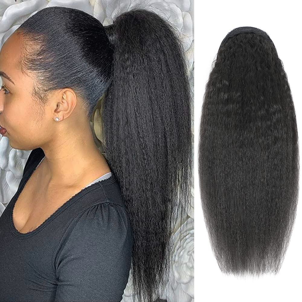 Adette Human Hair Kinky Straight Ponytails Drawstring Extension 22 Inch Kinky Straight Hair Clip in Pony Tail for Black Women