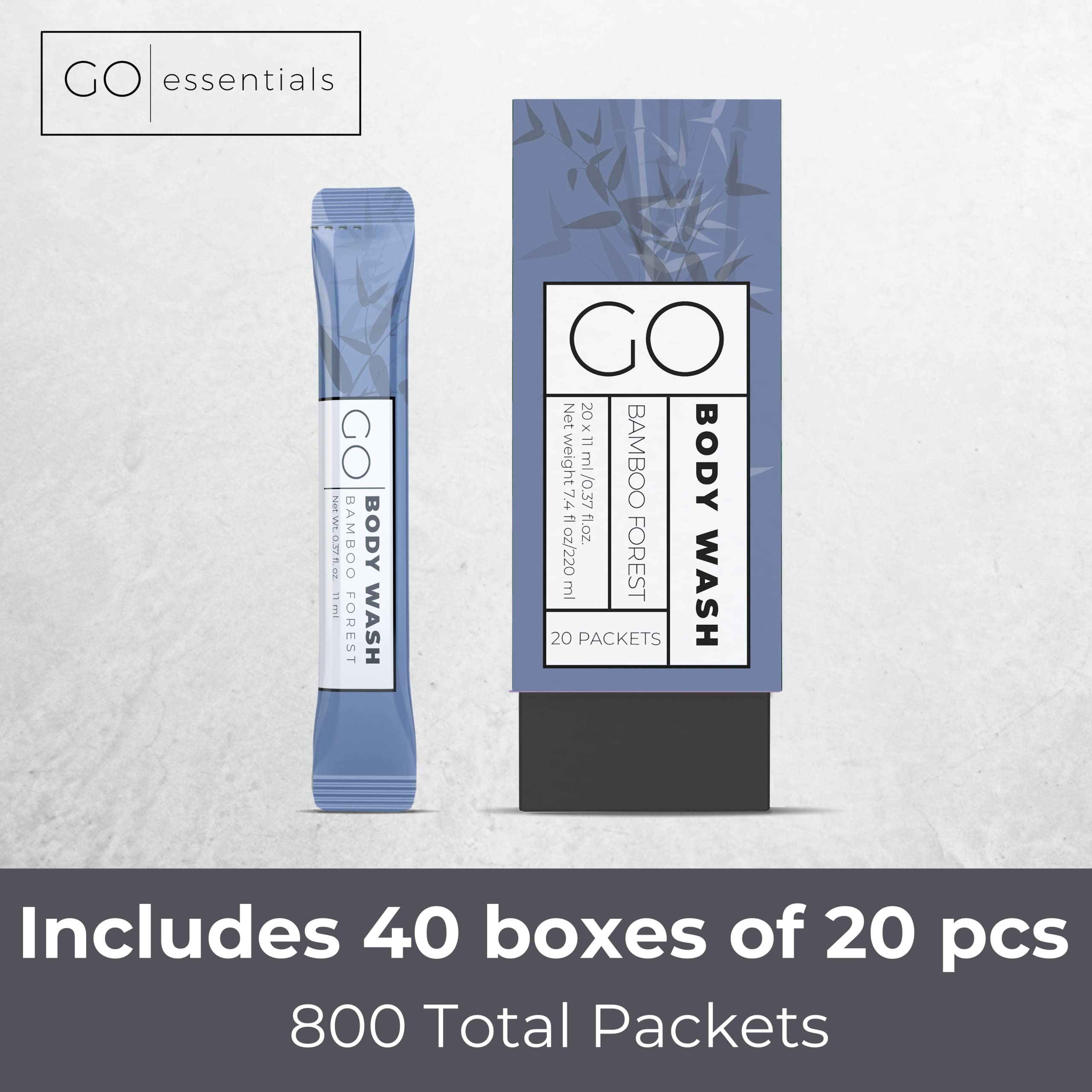 Go Essentials Travel Size Body Wash Packets - Single-use amenity. TSA Friendly. 40 cartons (800 packets).