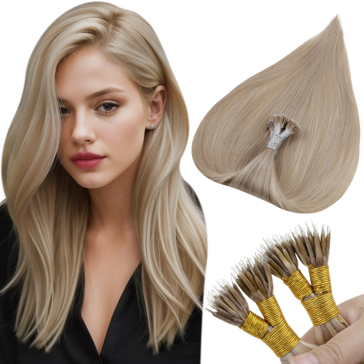 Hetto 22 Inch Nano Link Hair Extensions Human Hair #18 Dark Ash Blonde Highlighted #613 Bleach Blonde Nano Beads Human Hair Exte