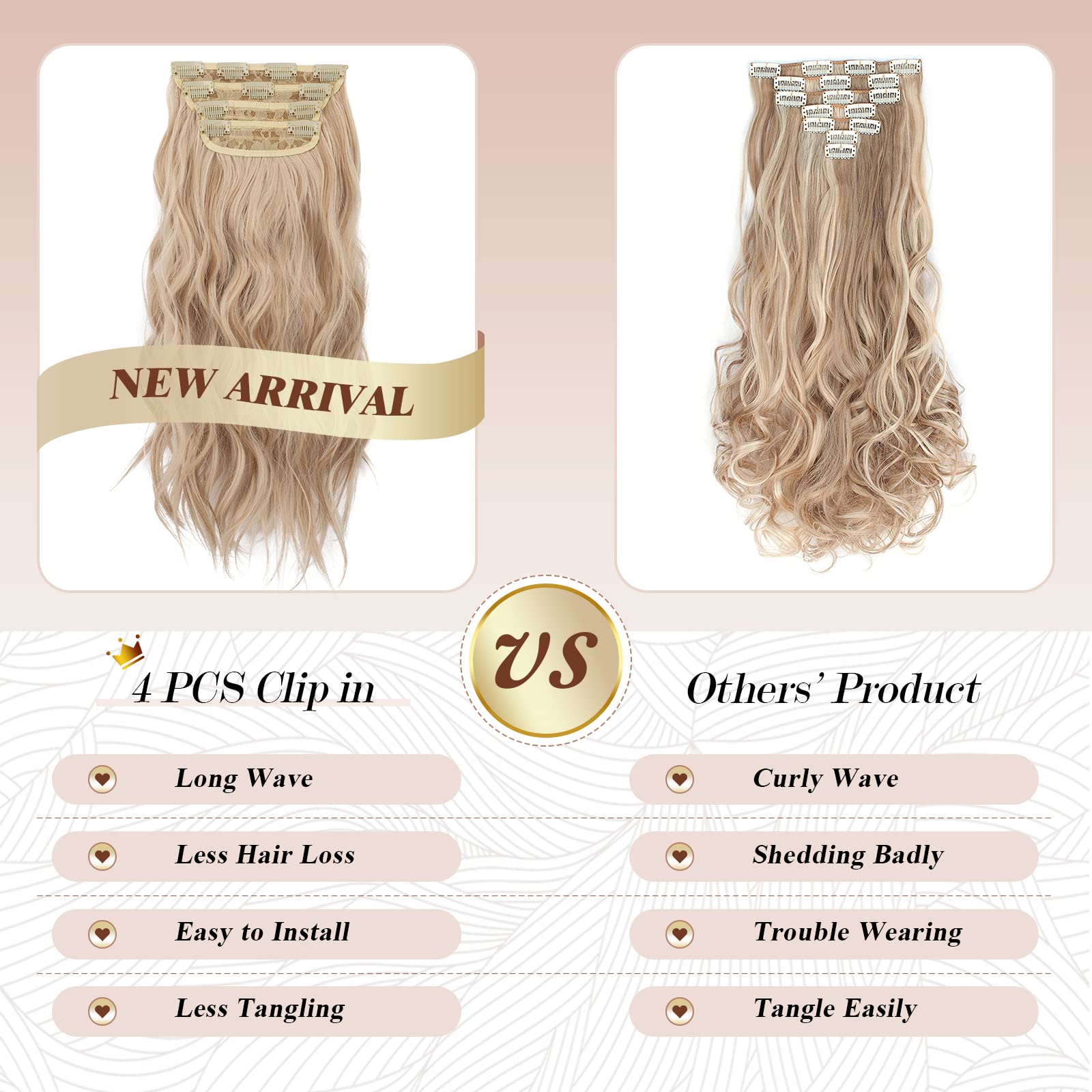 FESHFEN Clip in Hair Extensions 4 PCS Honey Blonde Mixed Platinum Blonde Thick Highlighted Hairpieces Long Wavy Clip in Hair Pie