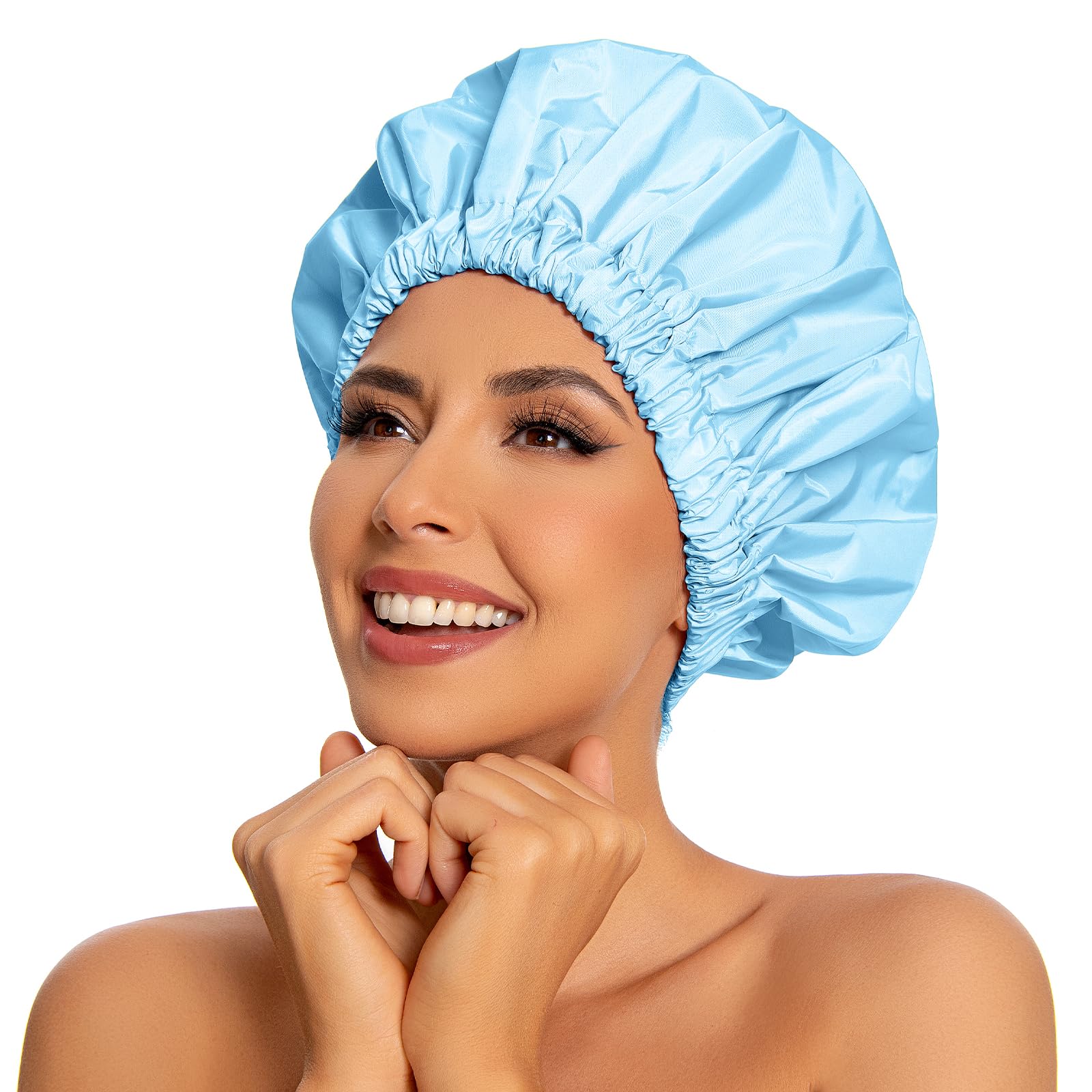 Reusable Shower Cap For Women, Large Waterproof Shower Bonnet Washable Elastic Band Bath Hair Hat For Long Hair, Braids(Light Bl