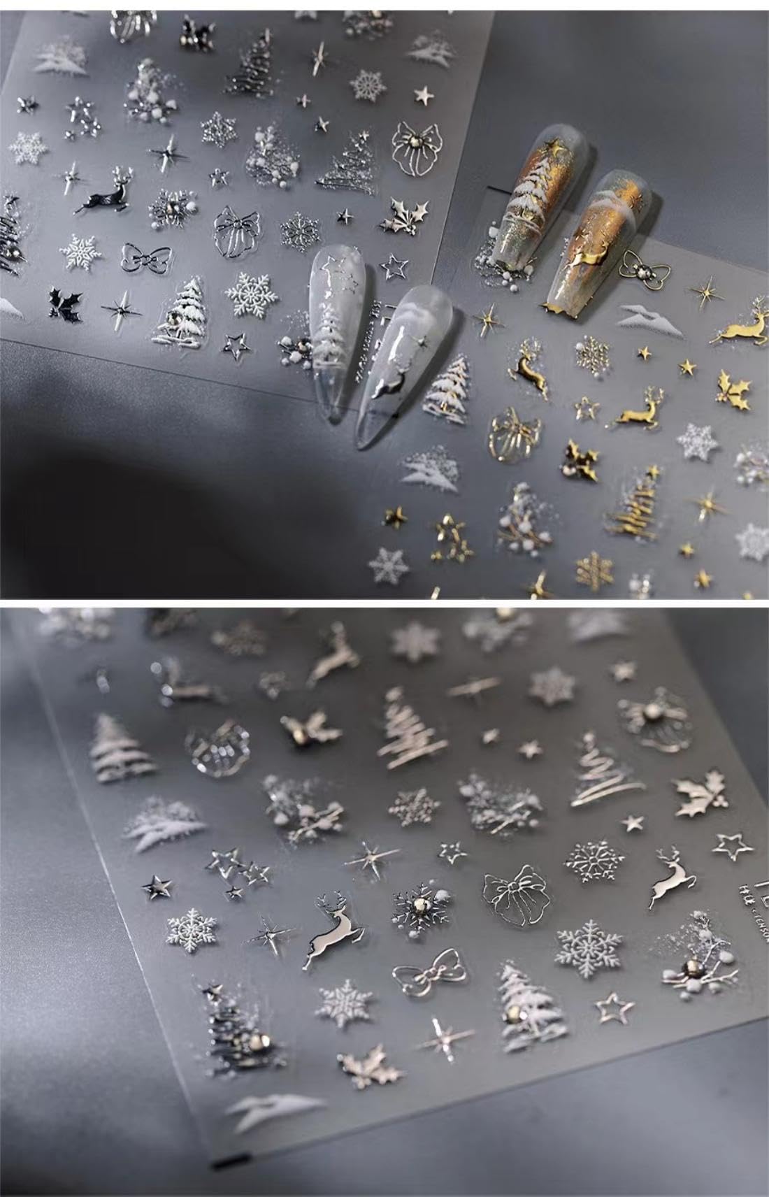 Christmas Nail Art Stickers 5D Embossed Silver Elk Nail Stickers Self-Adhesive Rhinestone Snowflake Bow Xmas Tree Star Elk Nail