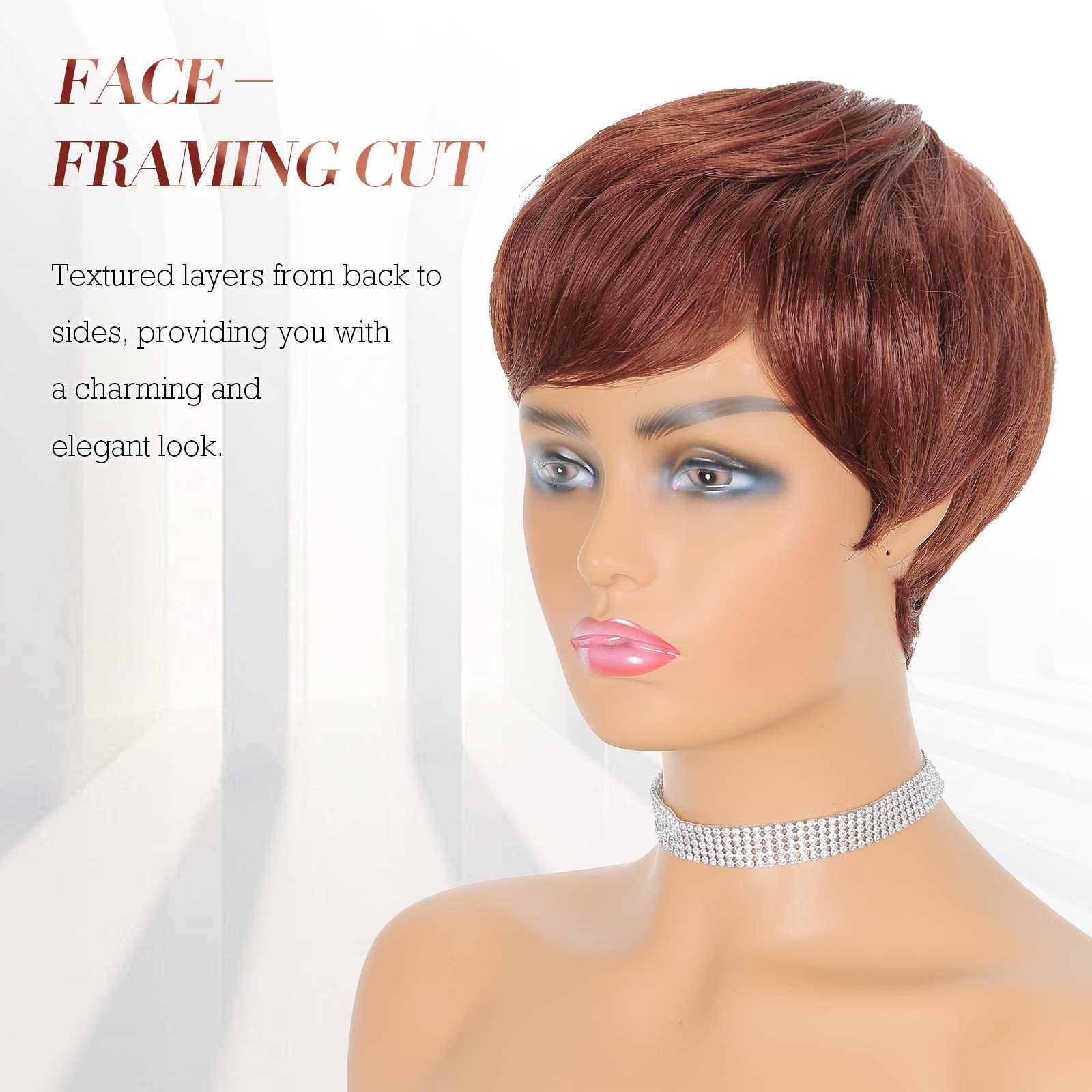 Feshfen Pixie Cut Wigs Synthetic Short Auburn Pixie Haircut Wig With Bangs Glueless Layered Wig Wavy Wigs For Women, Daily Cospl