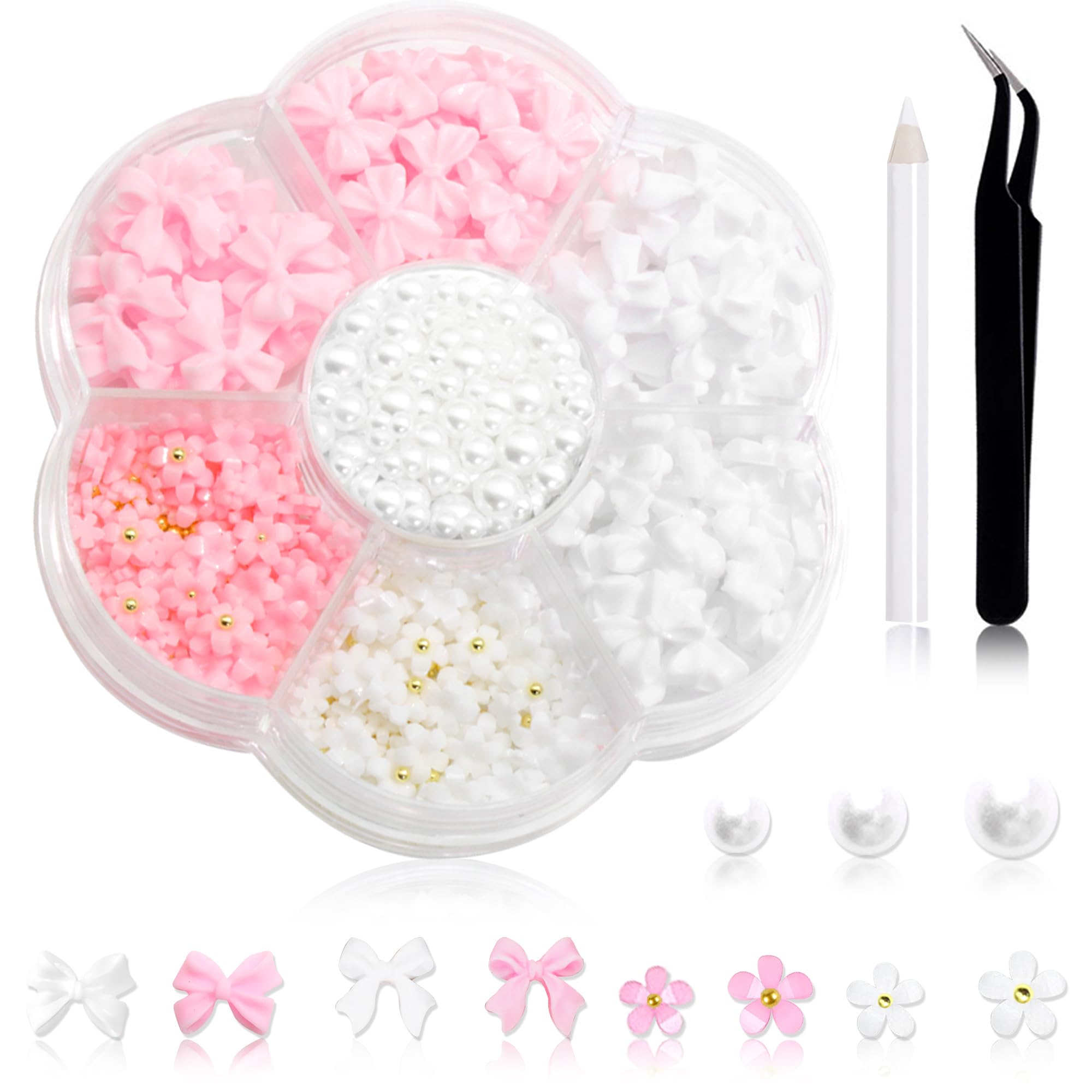 600Pcs Bow Nail Charms and Flatback Pearls,White Pink Bowknot 3D Cute Nail Charms Acrylic Flower for Nail Supplies Design,White 