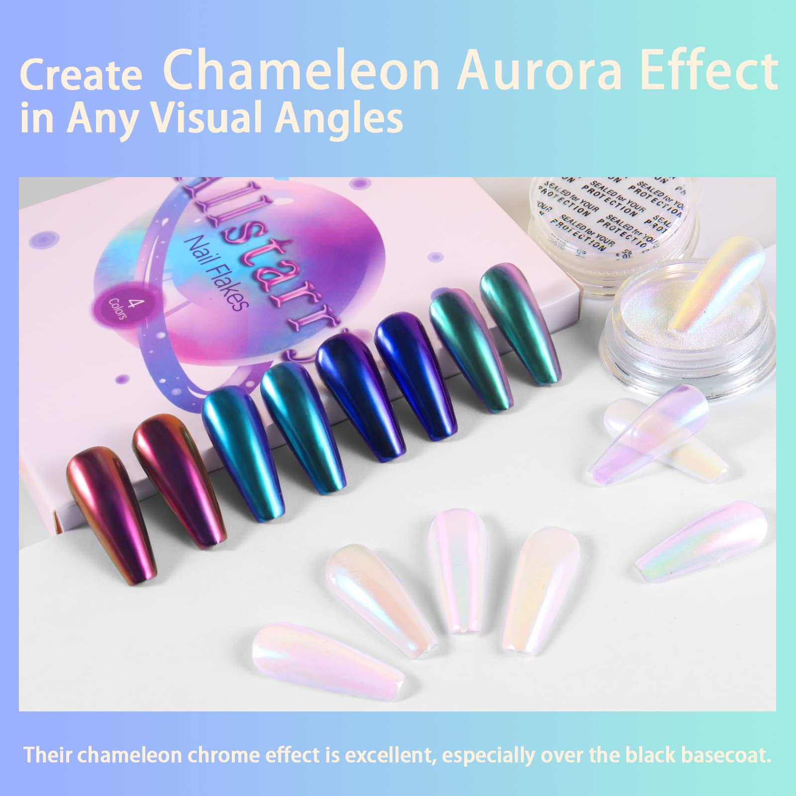 Allstarry White Chrome Nail Powder, 4 Pcs Color-Shift Chameleon Chrome Effect Powder Neon Aurora Glitter Dust Iridescent Pearles