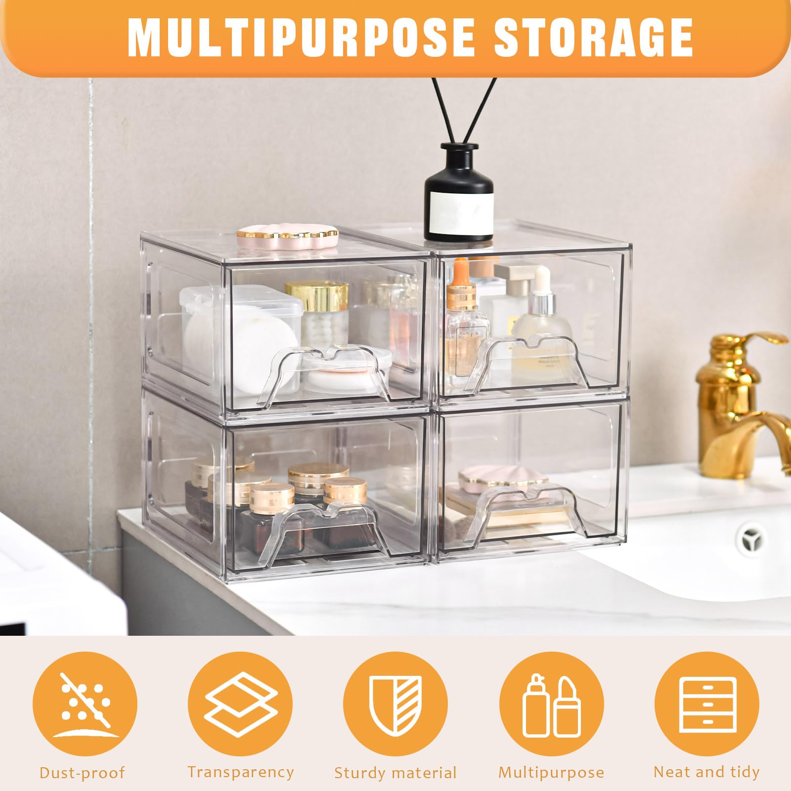 Stebopum 6 Pack Stackable Makeup Organizer, 4.4'' Tall Acrylic Bathroom Makeup Organizer And Storage Drawer With Pull-Out Handle