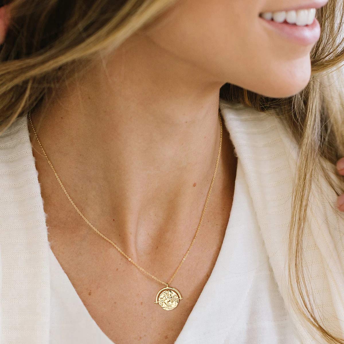 Aobei Pearl 18k Gold Plated Medallion Necklace Coin Pendant Round Circle Disk Minimalist Jewelry for Women 20