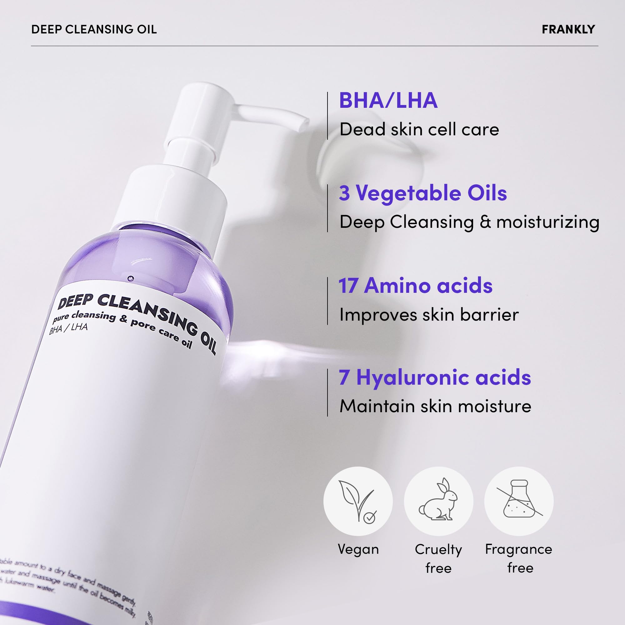 Frankly Deep Cleansing Oil - Bha & Lha Pore-Purifying, Blackhead Remover, Makeup Remover, Hydrating With Amino Acids & Hyaluroni