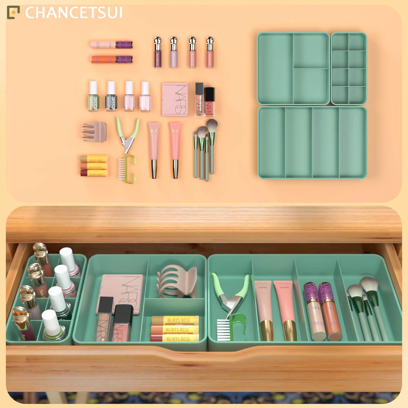 3 Pack Drawer Organizer For Holder Brushes, Lipstick, Lotions, Nail Polish Stackable Dividers, Small Vanity, Cosmetic Display Ca