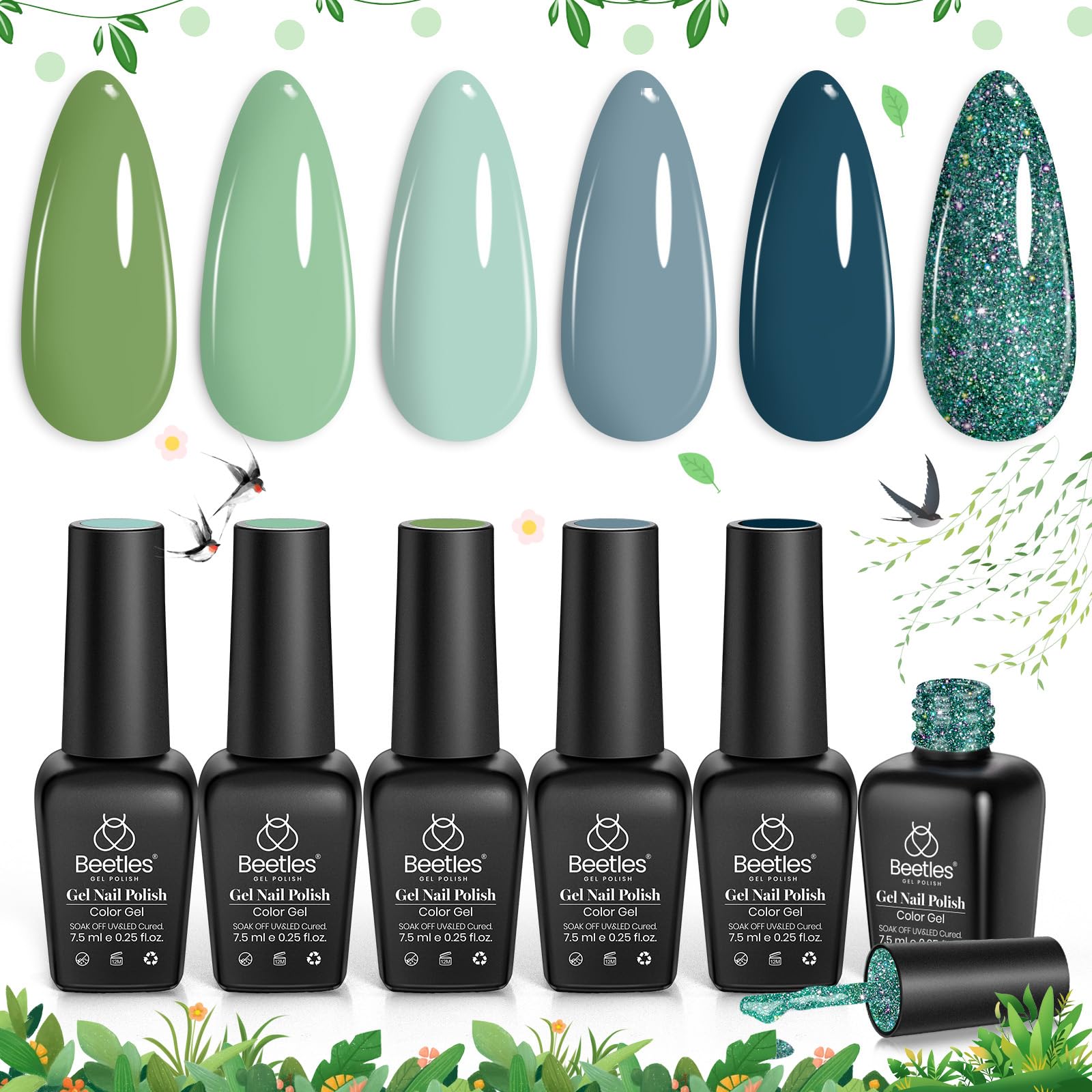 Beetles Spring Gel Nail Polish Set - 6 Colors Green Blue Glitter Gel Nail Polish Gel Soak off Uv Gel Polish Nail Art Manicure Gi
