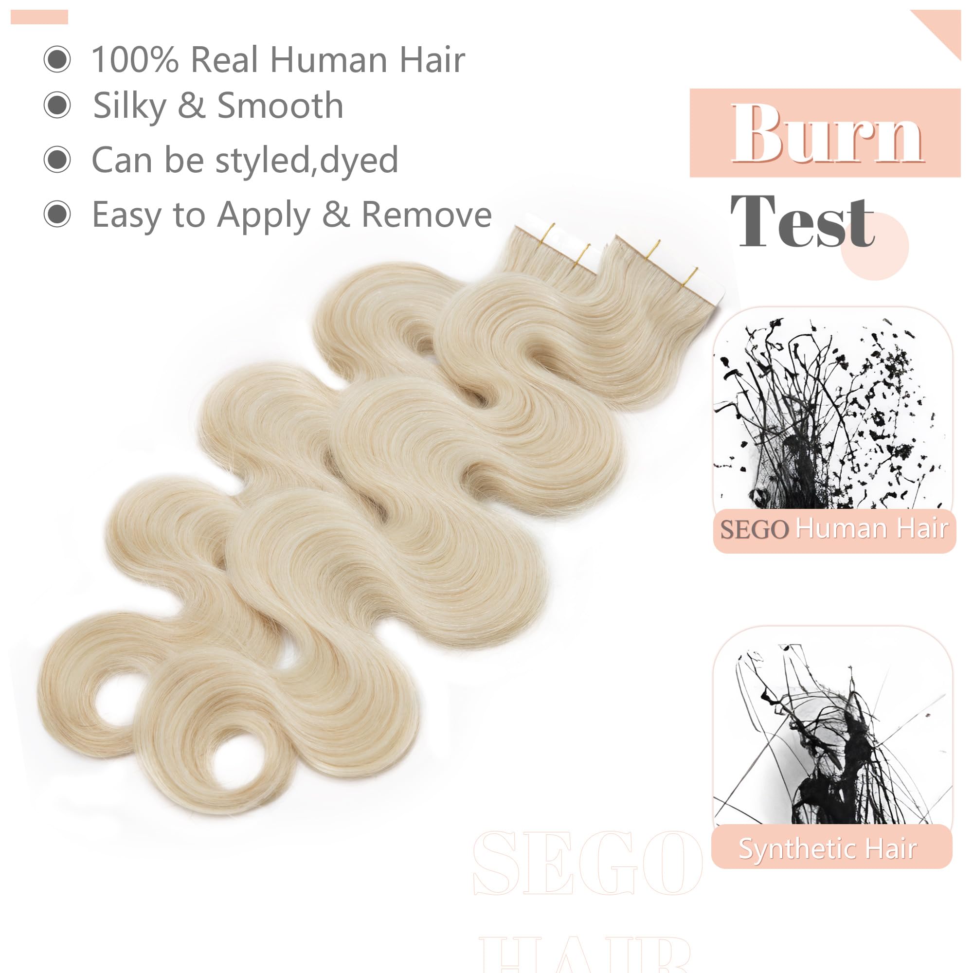 SEGO Tape in Hair Extensions Wavy 18 Inch Natural 100% Remy Human Hair Real Seamless Skin Weft Invisible Rooted Double Sided Tap