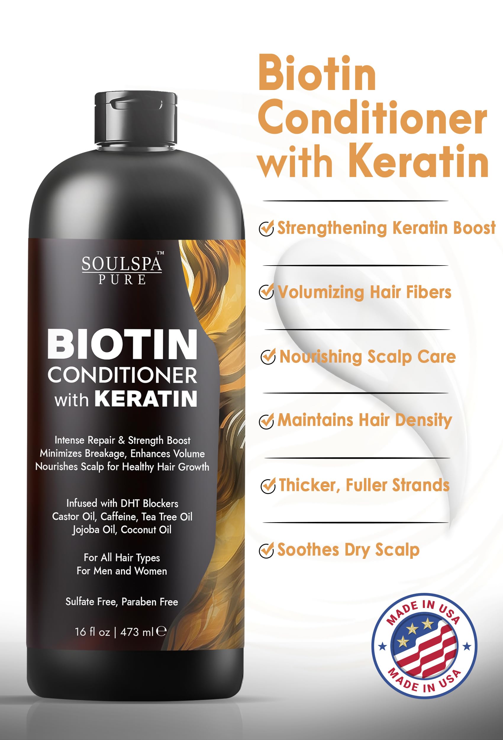Soulspa Pure Biotin Conditioner With Keratin - Intense Repair & Strength Boost Formula - Nourishes Scalp For Healthy Hair Growth