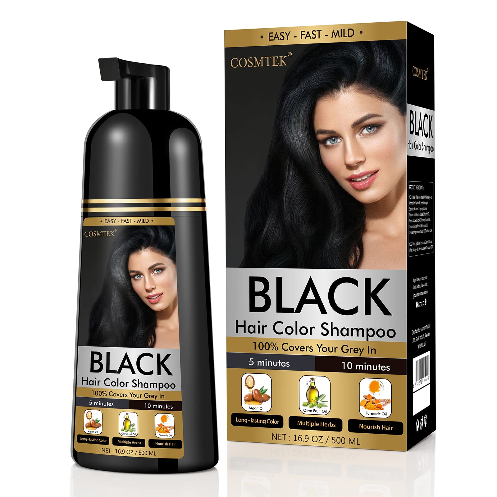 COSMTEK Black Dye Shampoo for Permanent Hair Color - Men&Women, Gray Coverage, Beard & Treated Hair, 3-In-1, 30 Days/500ml/Ammon
